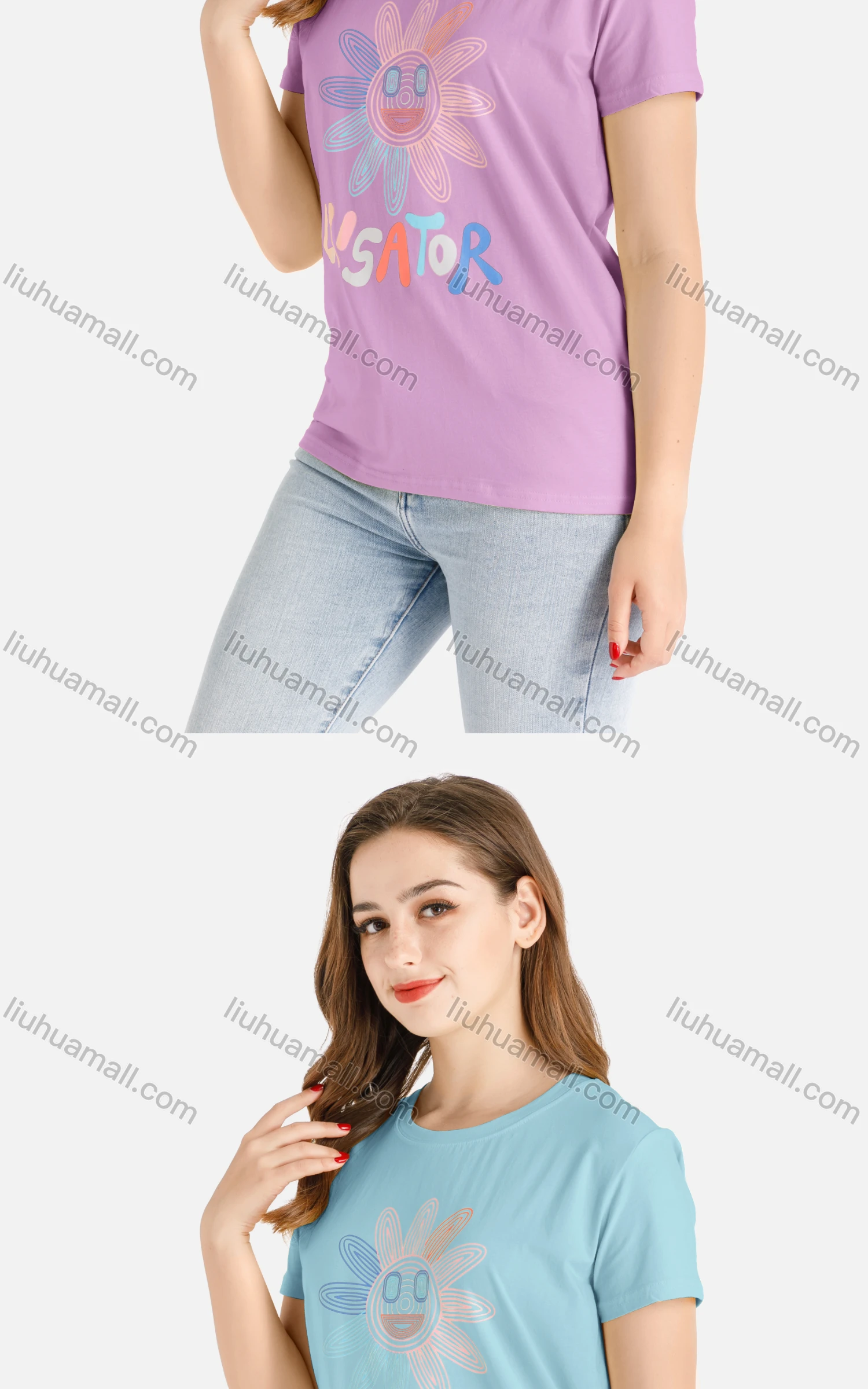 Wholesale Women's Casual Cartoon Sunflower Print Short Sleeve Round Neck Tee - Liuhuamall