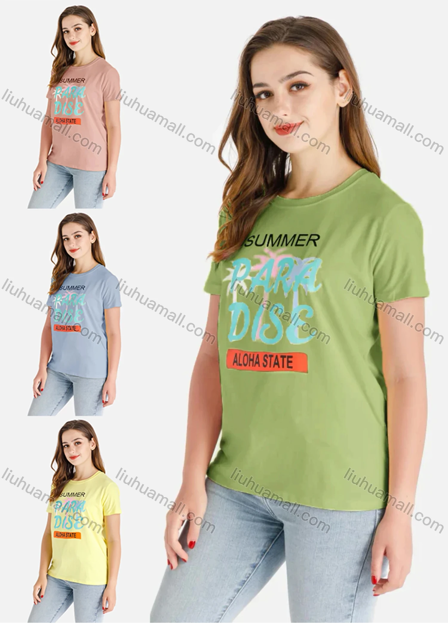 Wholesale Women's Casual Tropical Style Letter Print Short Sleeve Round Neck Tee - Liuhuamall