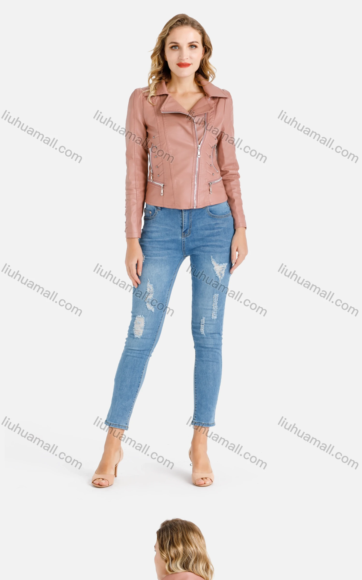 Wholesale Women's Casual Long Sleeve Lapel Zipper Pockets Beaded Crop Faux Leather Jacket - Liuhuamall