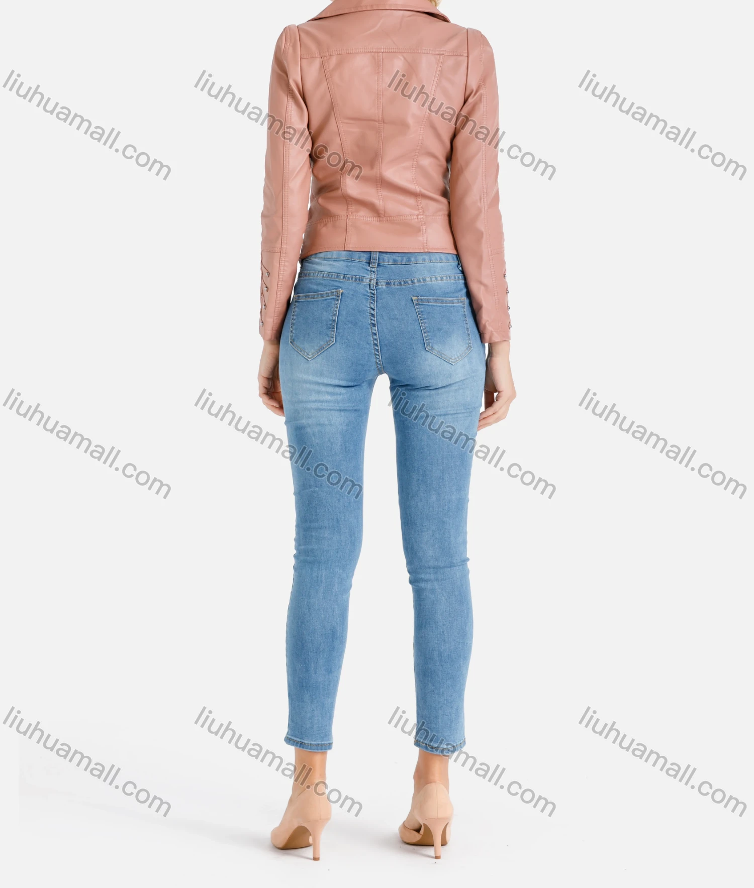 Wholesale Women's Casual Long Sleeve Lapel Zipper Pockets Beaded Crop Faux Leather Jacket - Liuhuamall