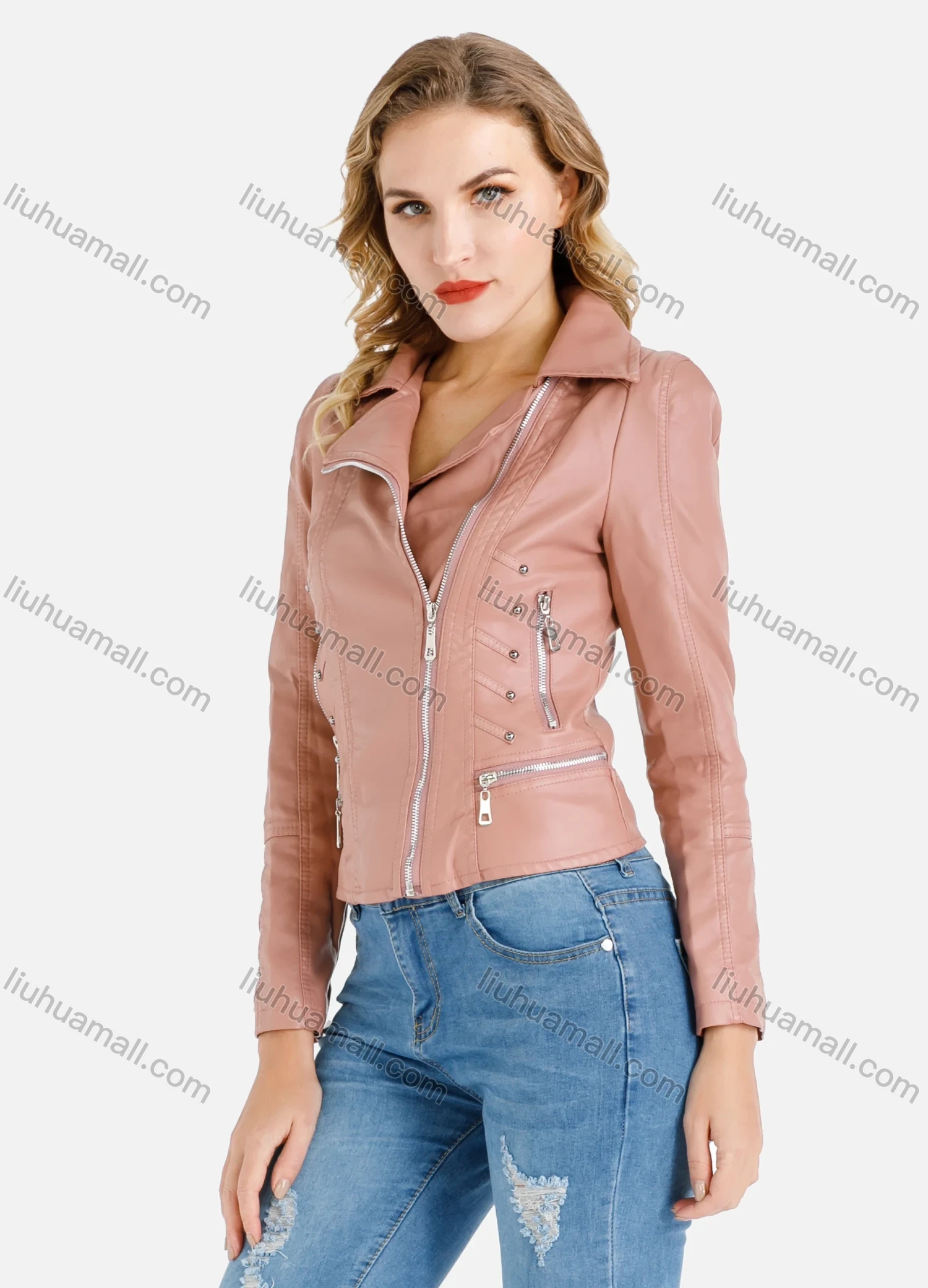 Wholesale Women's Casual Long Sleeve Lapel Zipper Pockets Beaded Crop Faux Leather Jacket - Liuhuamall
