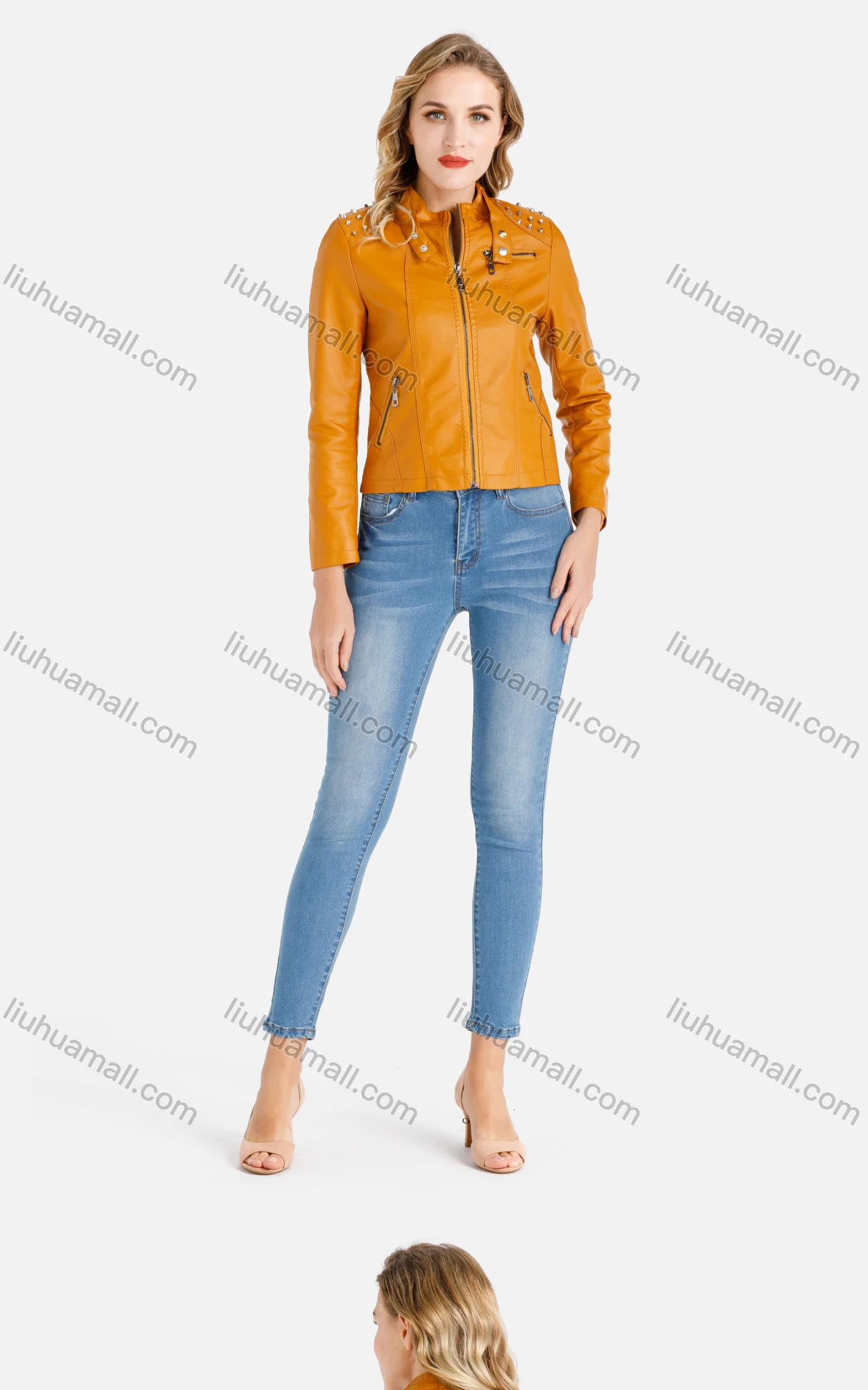 Wholesale Women's Plain Stand Collar Rivets Zipper Pockets Button Front Crop Faux Leather Jacket - Liuhuamall