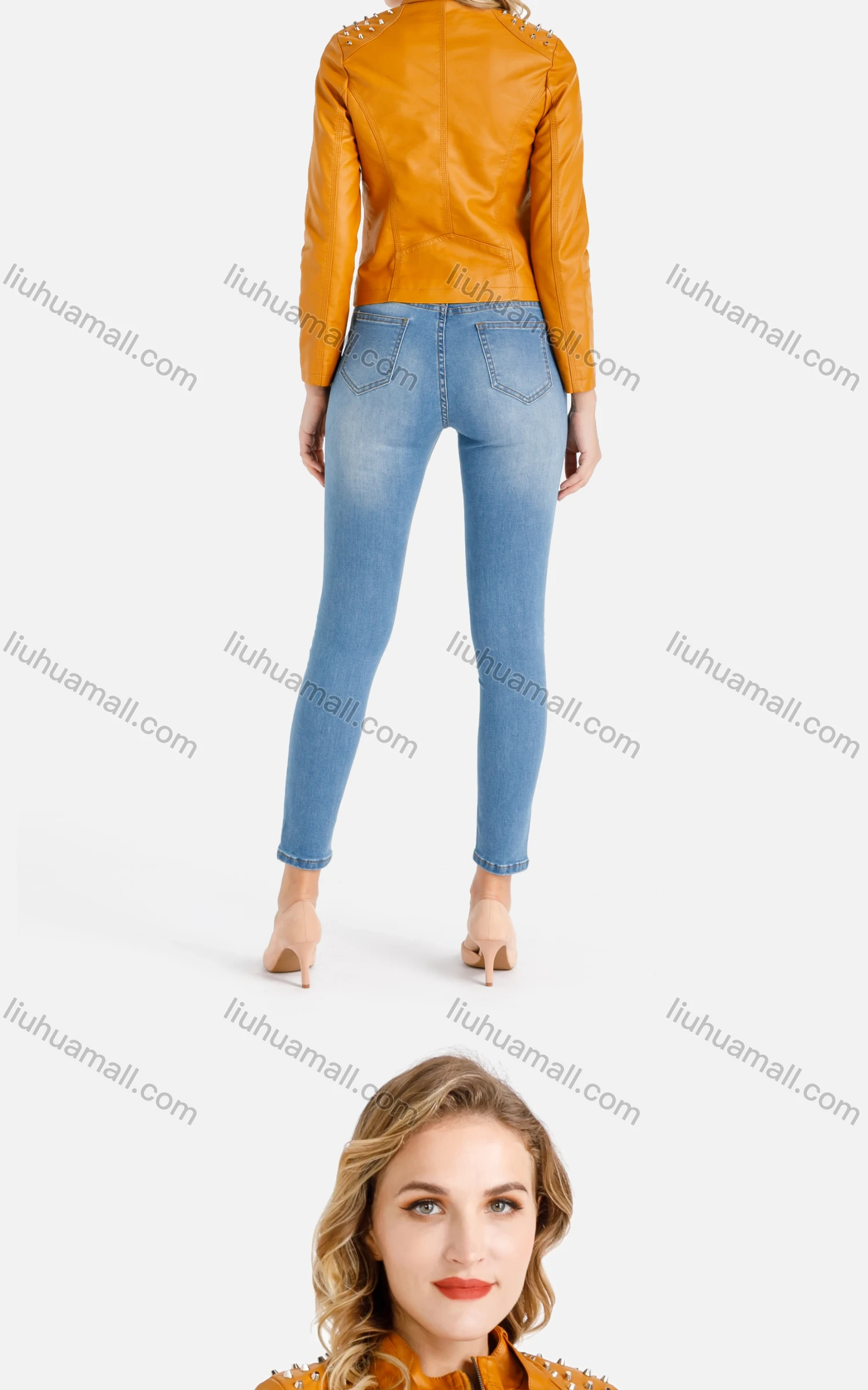 Wholesale Women's Plain Stand Collar Rivets Zipper Pockets Button Front Crop Faux Leather Jacket - Liuhuamall