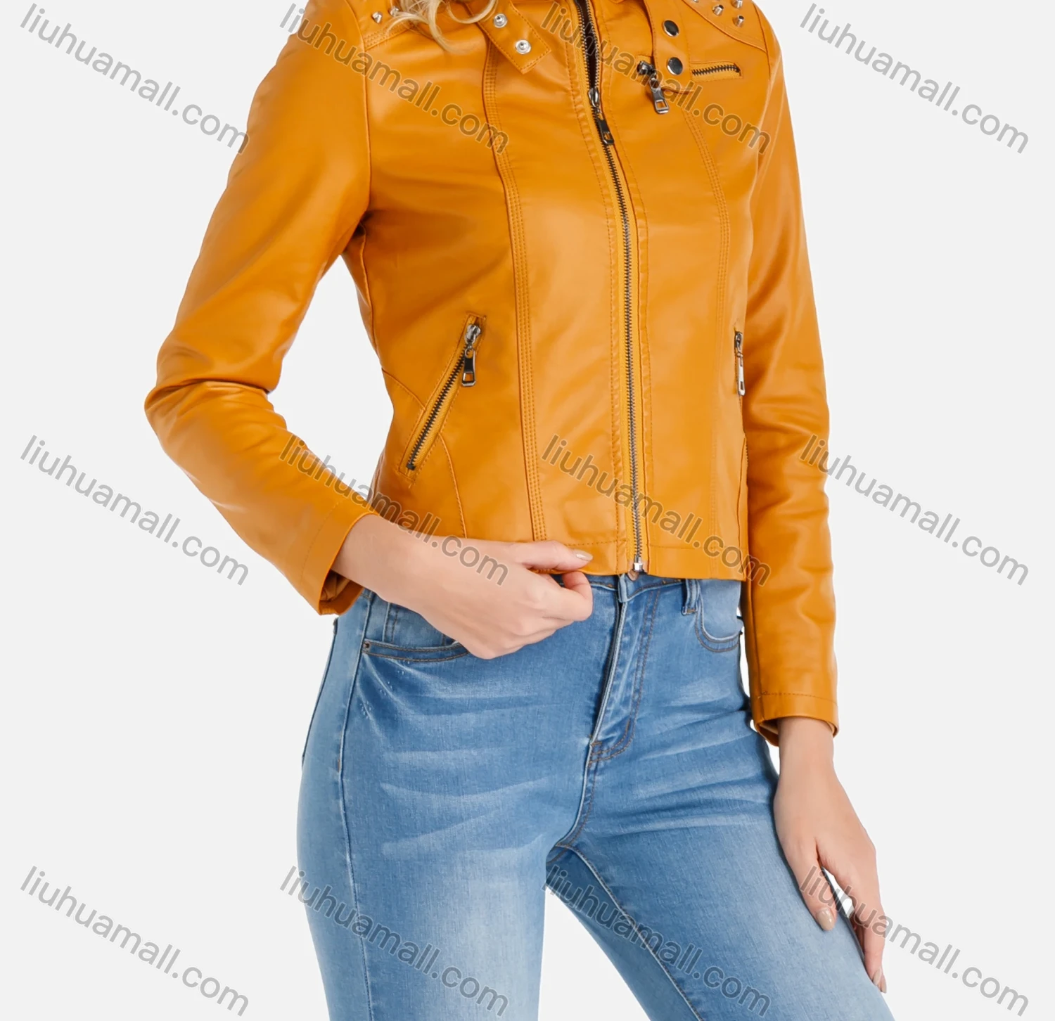 Wholesale Women's Plain Stand Collar Rivets Zipper Pockets Button Front Crop Faux Leather Jacket - Liuhuamall