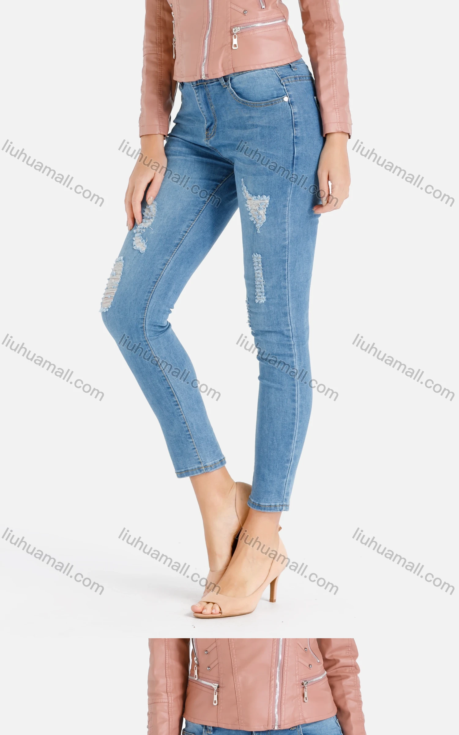 Wholesale Women's Casual Plain Skinny Distressed Ripped Patch Pocket Jeans - Liuhuamall