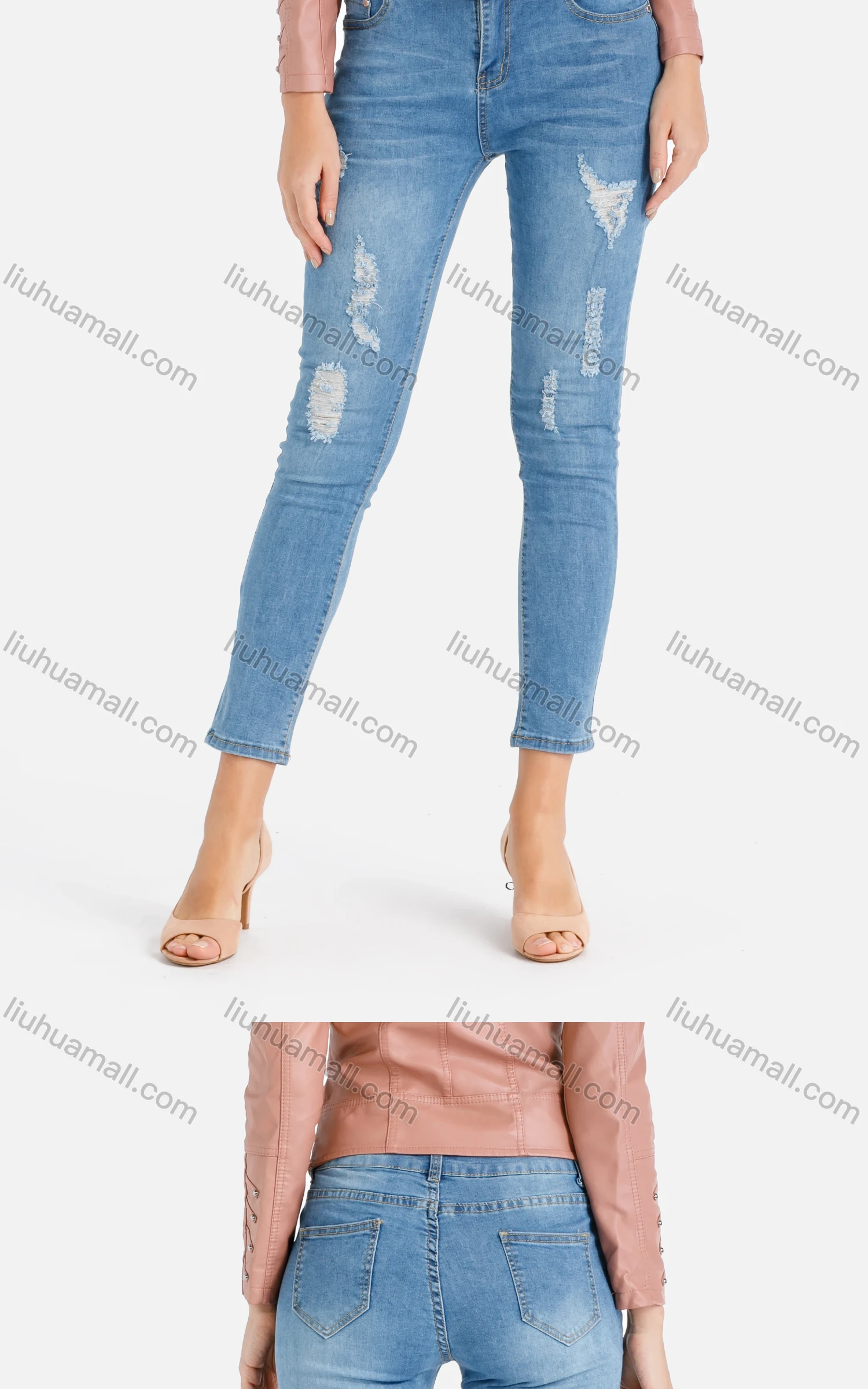 Wholesale Women's Casual Plain Skinny Distressed Ripped Patch Pocket Jeans - Liuhuamall