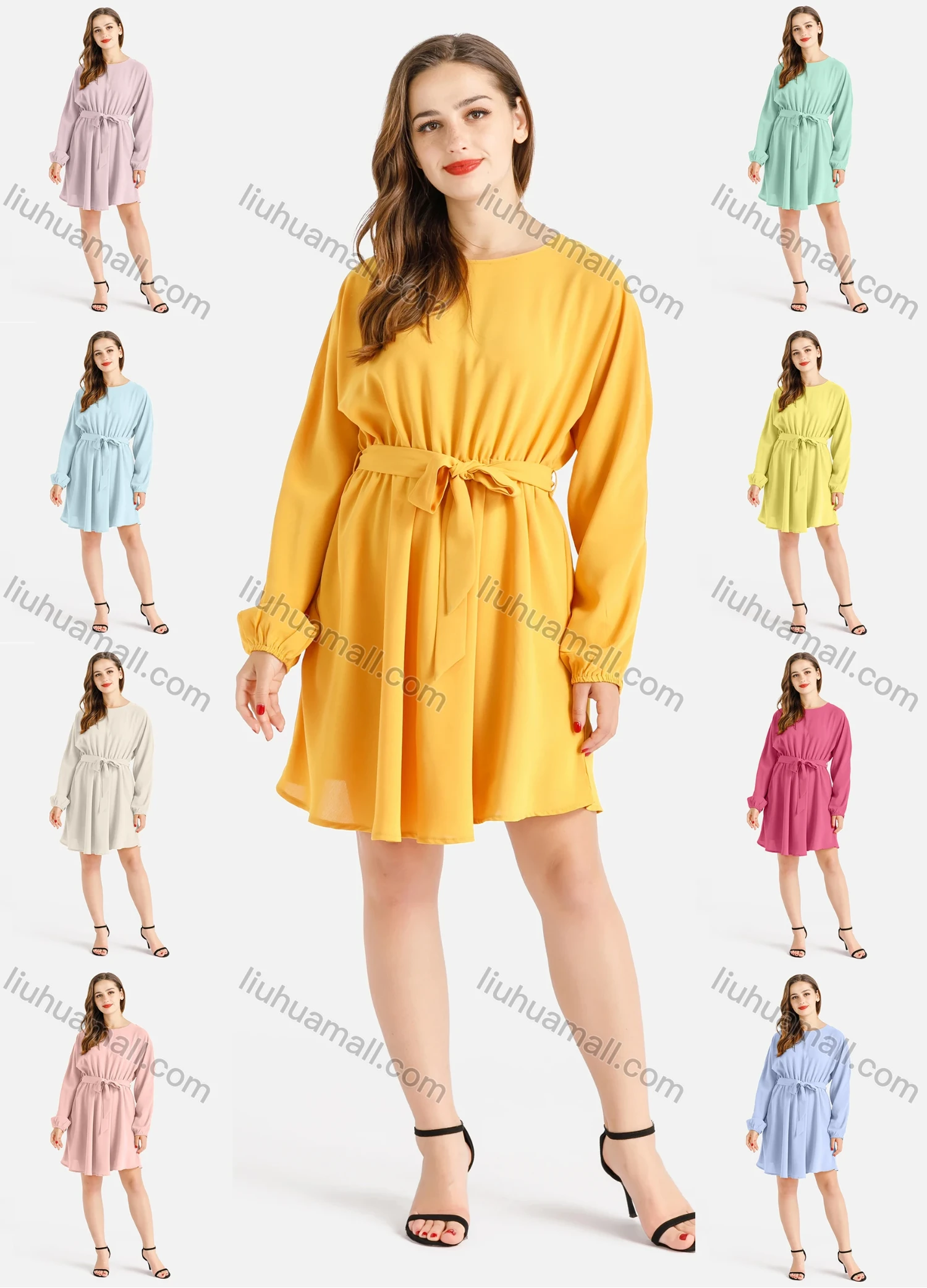 Wholesale Women's Casual Round Neck Long Sleeve Belted Short Pleated Dress - Liuhuamall