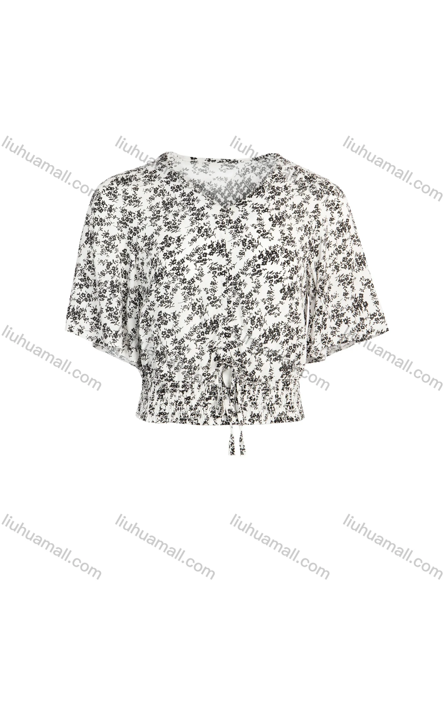 Wholesale Women's Summer V-Neck Butterfly Sleeve Crop Ditsy Floral Print Blouse - Liuhuamall