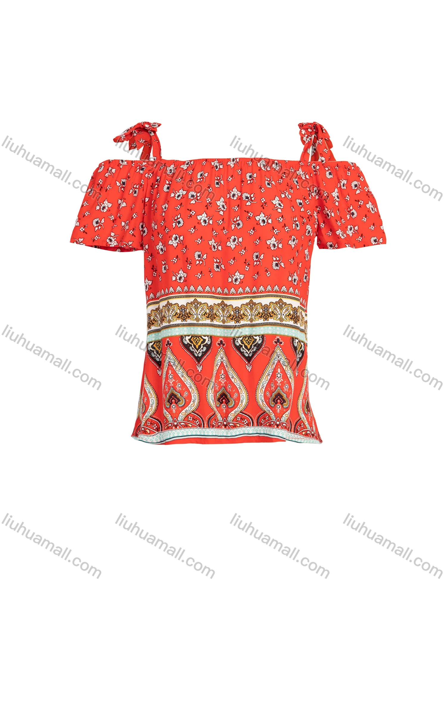 Wholesale Women's Summer Off Shoulder Knotted Vintage Ditsy Floral Print Blouse - Liuhuamall