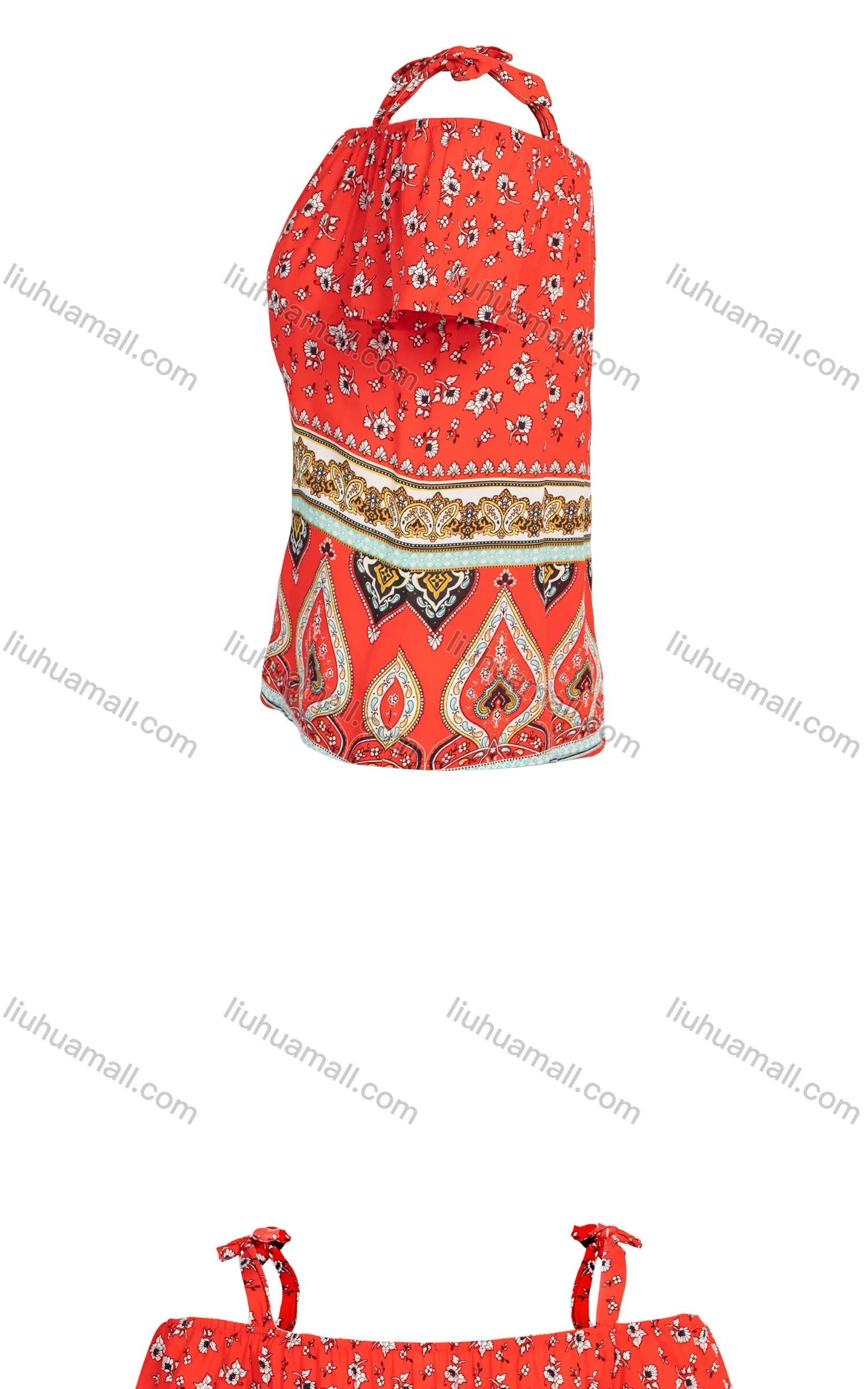 Wholesale Women's Summer Off Shoulder Knotted Vintage Ditsy Floral Print Blouse - Liuhuamall