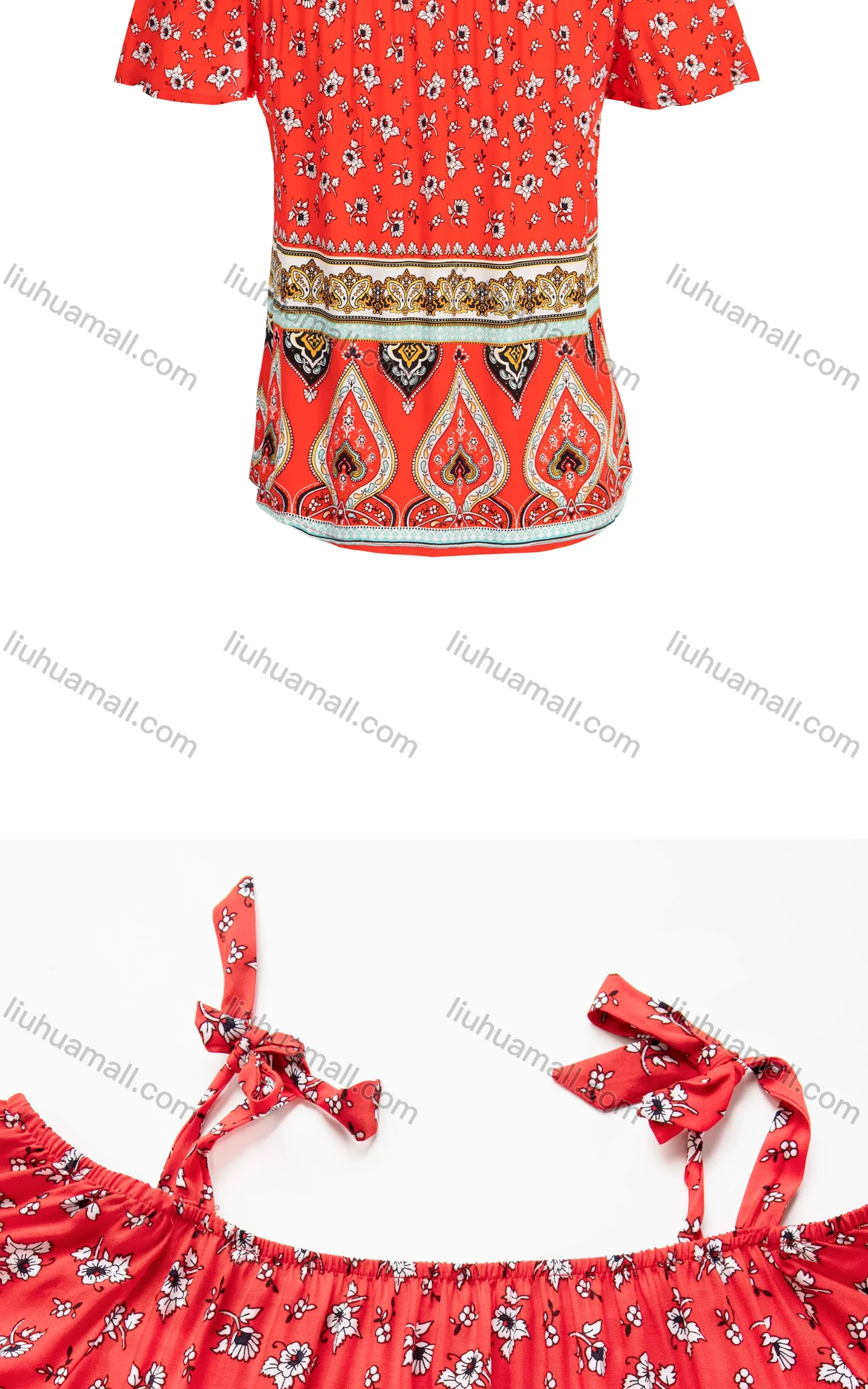 Wholesale Women's Summer Off Shoulder Knotted Vintage Ditsy Floral Print Blouse - Liuhuamall