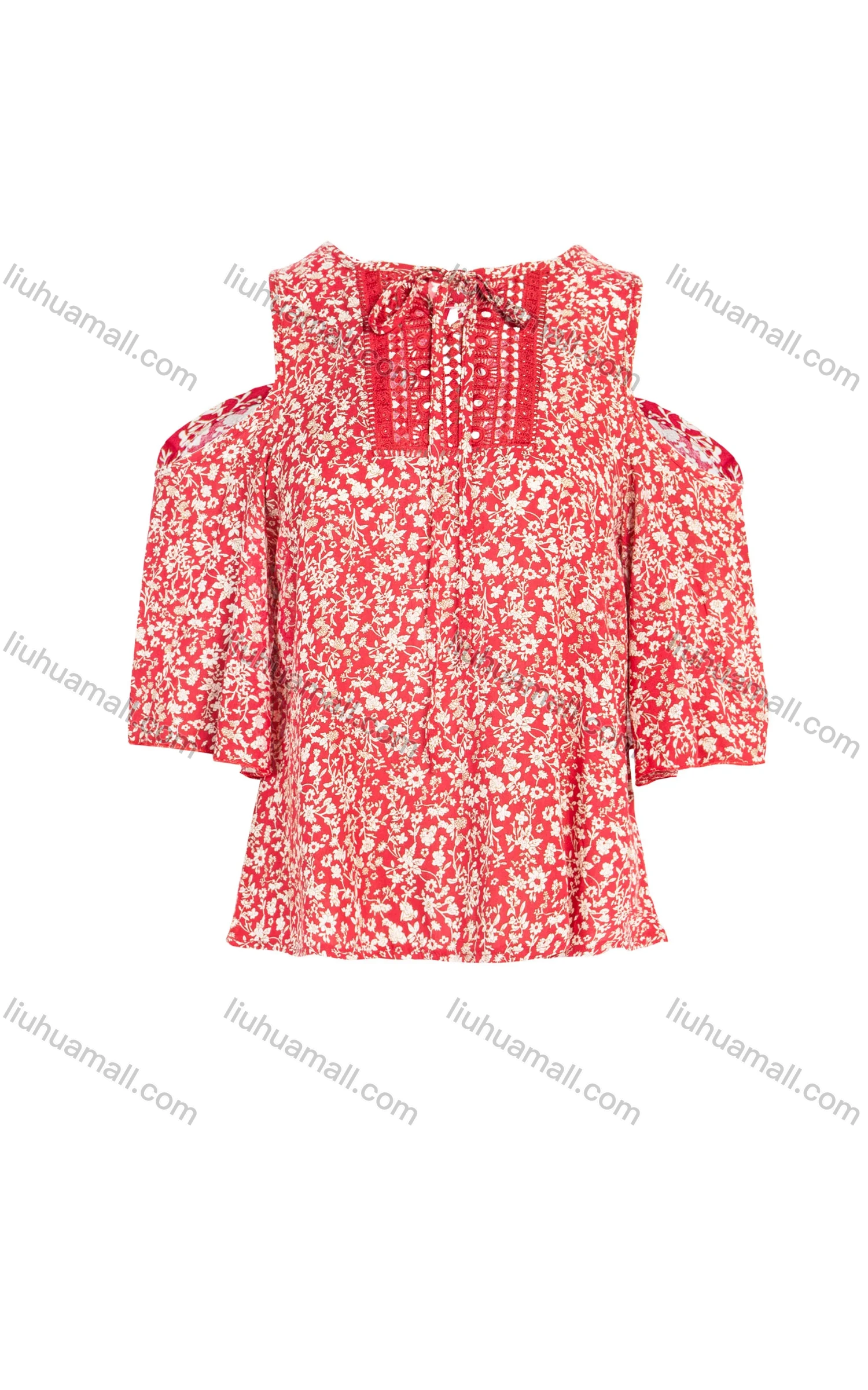 Wholesale Women's Summer Tie Neck Cold Shoulder Ditsy Floral Print Flounce Sleeve Blouse - Liuhuamall