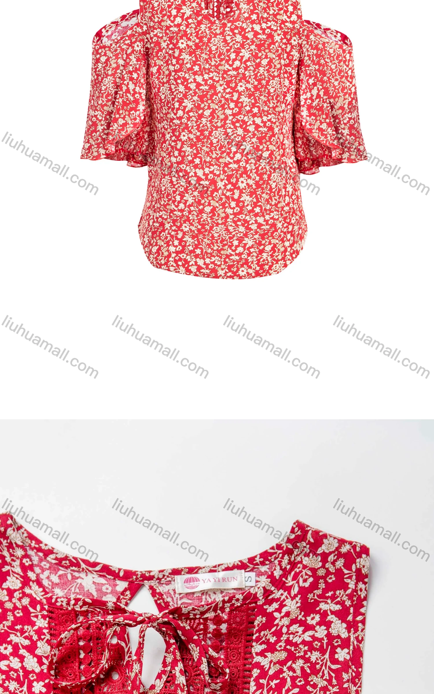 Wholesale Women's Summer Tie Neck Cold Shoulder Ditsy Floral Print Flounce Sleeve Blouse - Liuhuamall