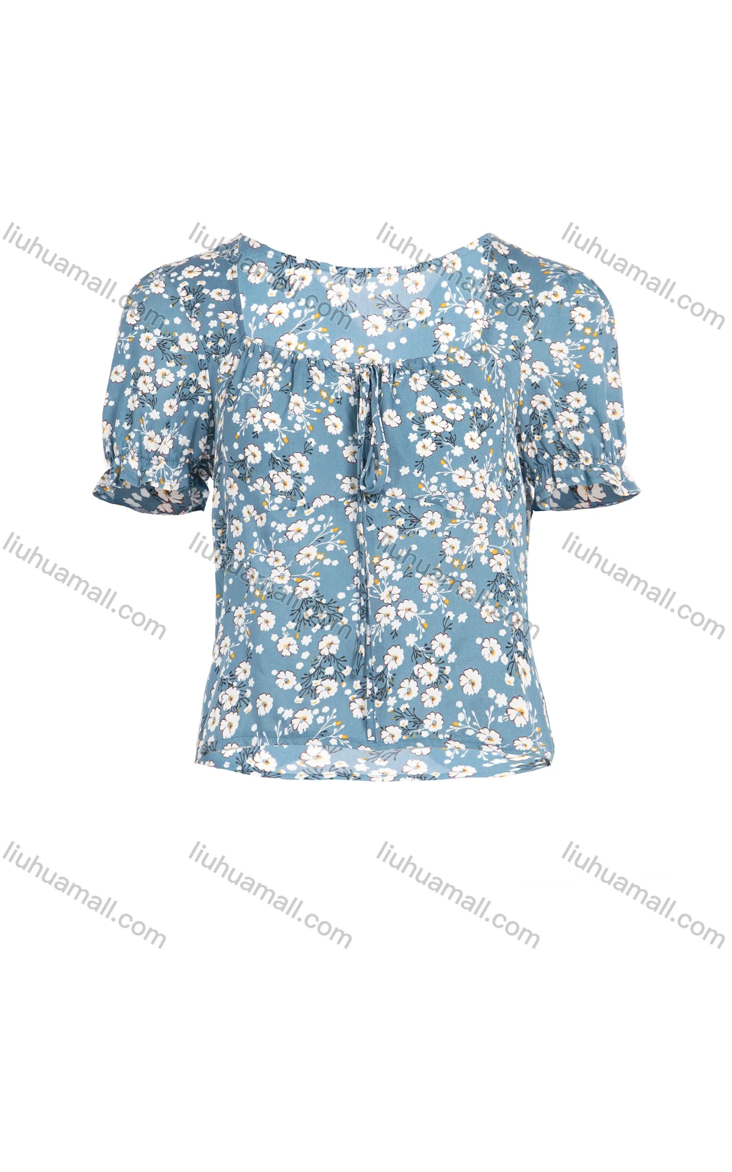 Wholesale Women's Summer Square Neck Puff Sleeve Ditsy Floral Print Blouse - Liuhuamall