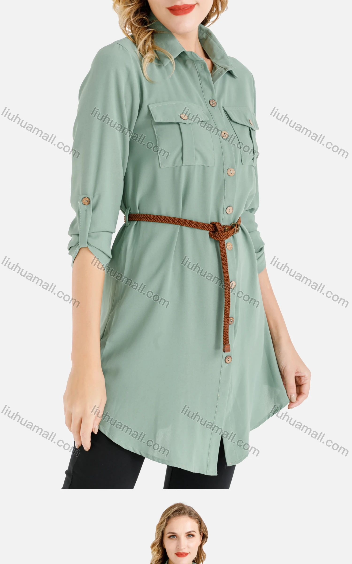 Wholesale Women's Plain Shirt Collar Button Down Long Sleeve Tunic Top With Belt - Liuhuamall