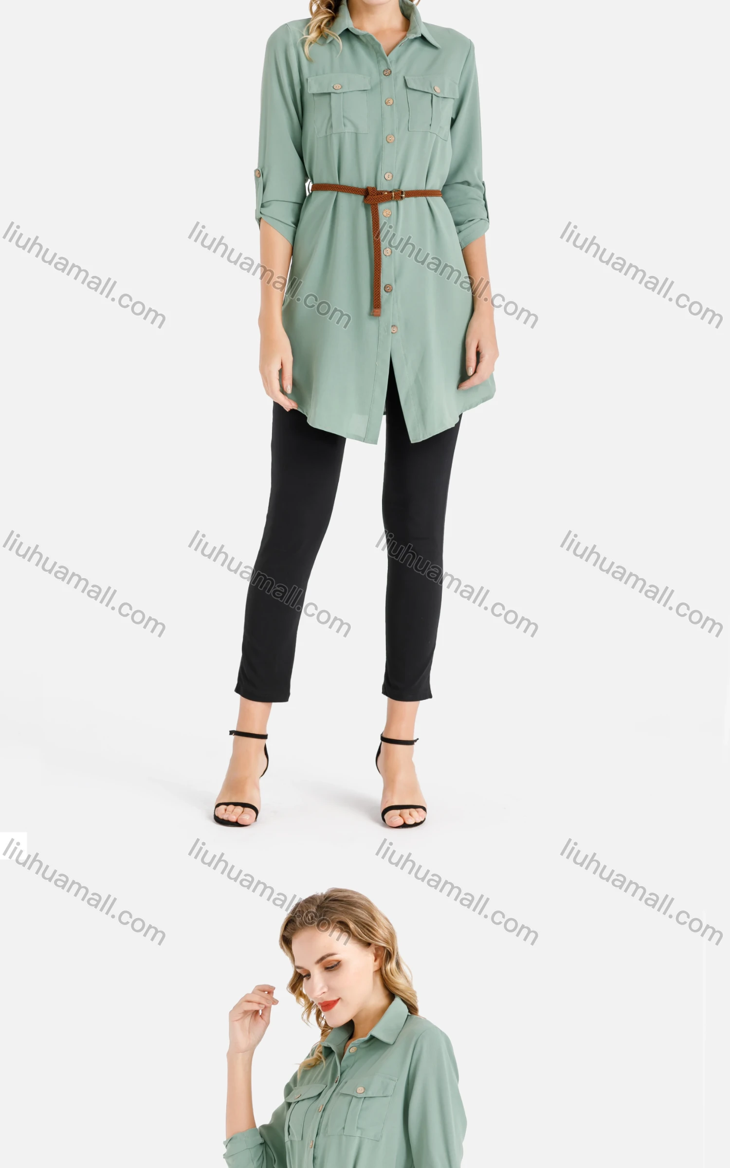 Wholesale Women's Plain Shirt Collar Button Down Long Sleeve Tunic Top With Belt - Liuhuamall