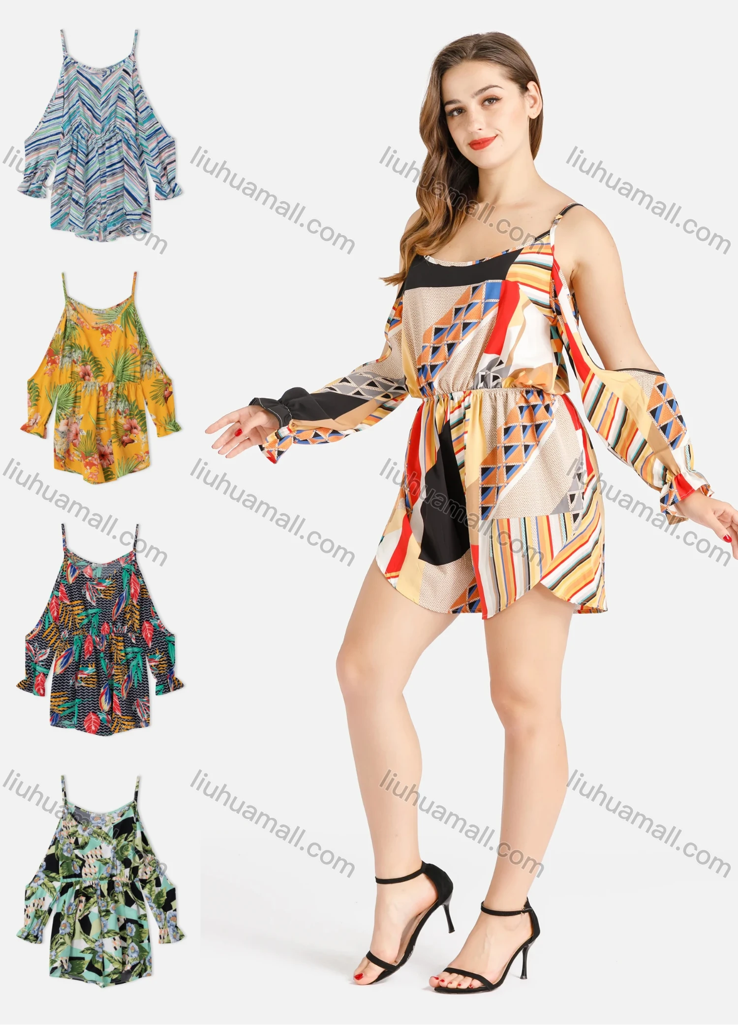 Wholesale Women's Geo Chevron Floral Tropical Striped Print Scoop Neck Cold Shoulder Poet Sleeve Cami Romper - Liuhuamall