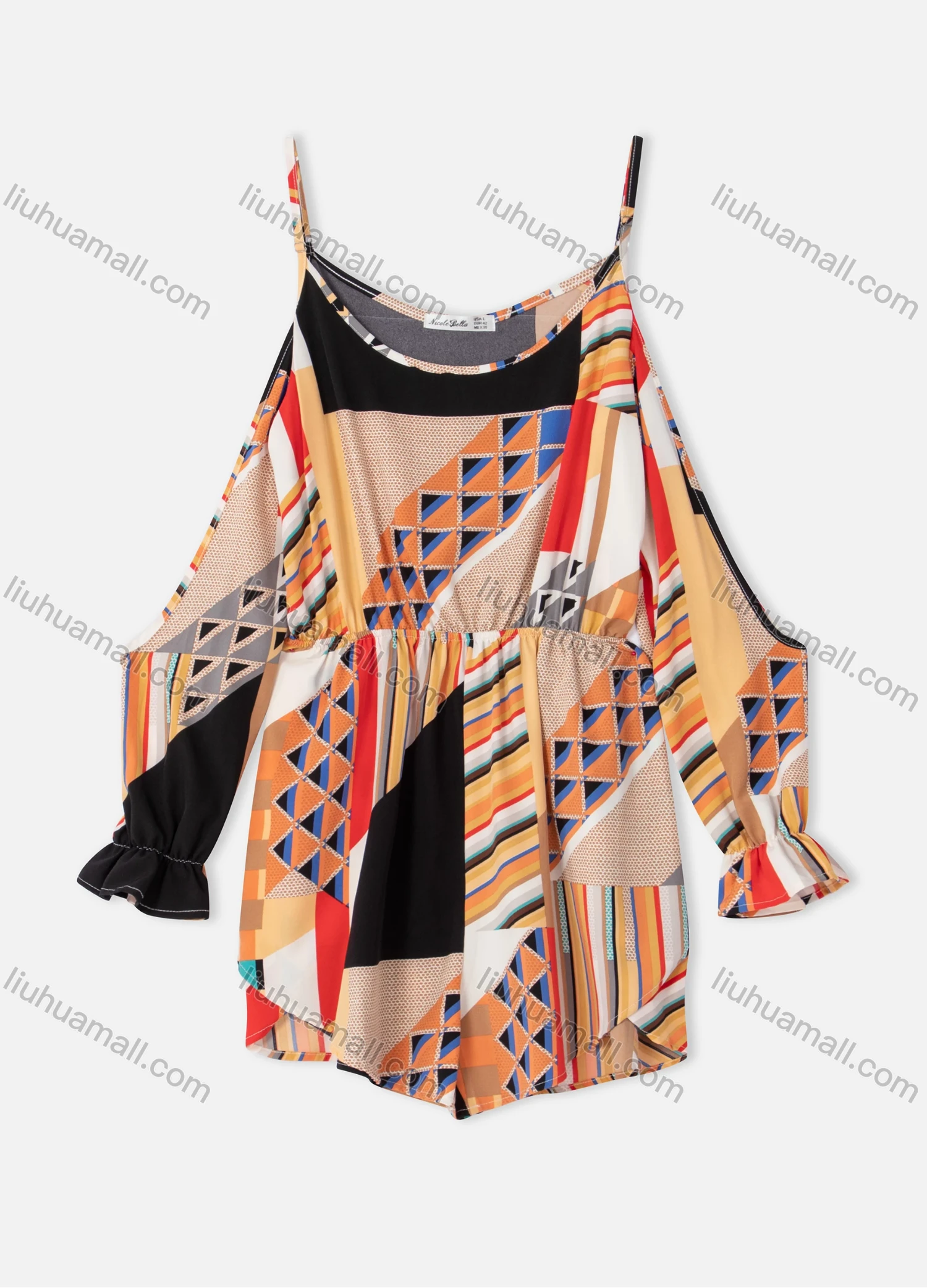 Wholesale Women's Geo Chevron Floral Tropical Striped Print Scoop Neck Cold Shoulder Poet Sleeve Cami Romper - Liuhuamall