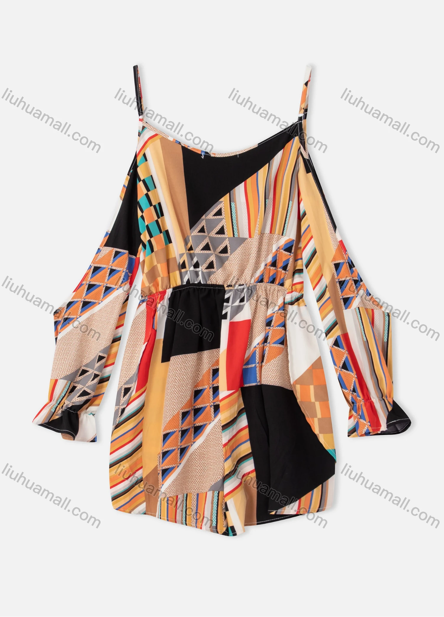 Wholesale Women's Geo Chevron Floral Tropical Striped Print Scoop Neck Cold Shoulder Poet Sleeve Cami Romper - Liuhuamall