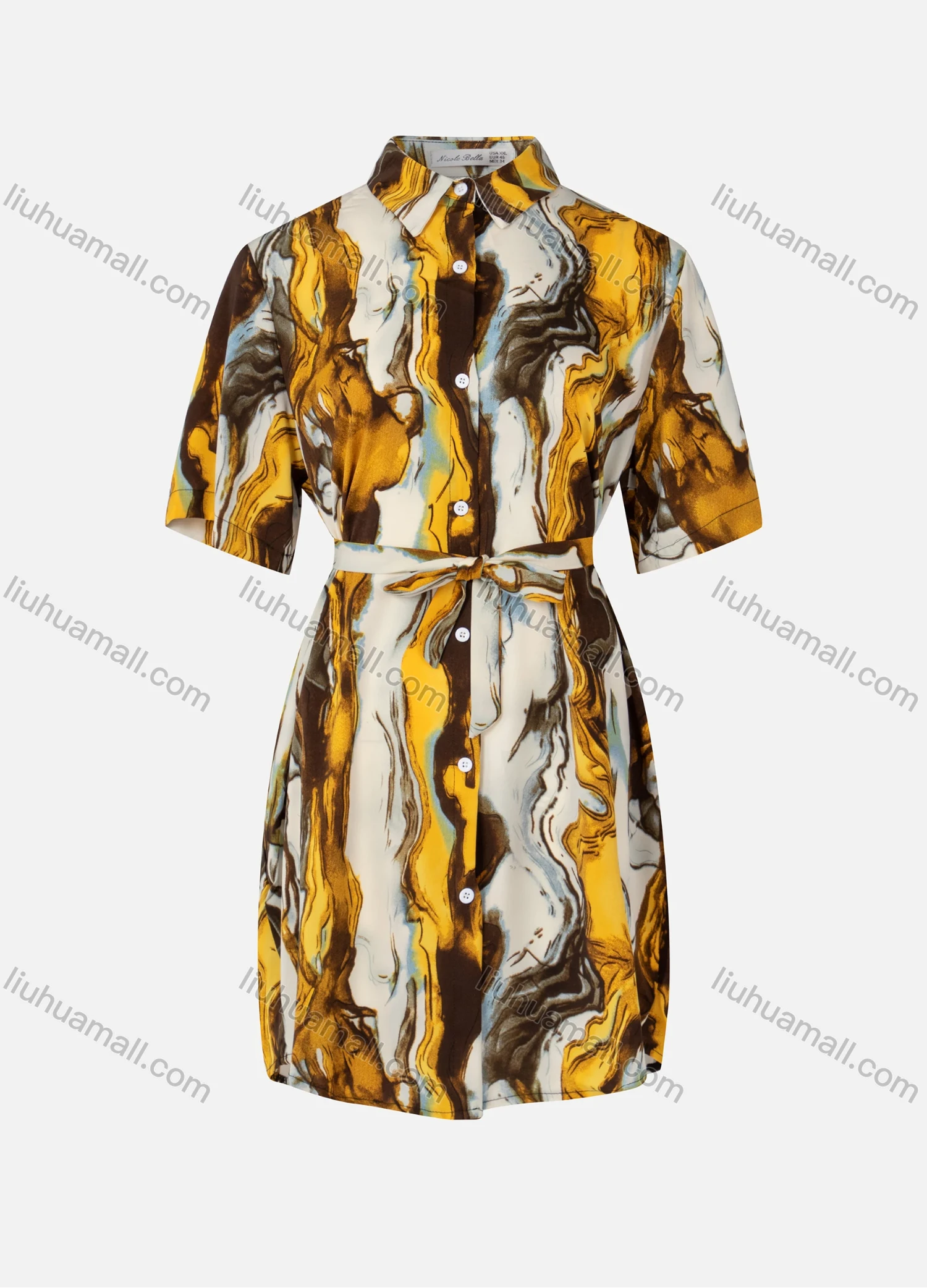 Wholesale Women's Short Sleeve Button Down Painting Print Tunic With Belt - Liuhuamall