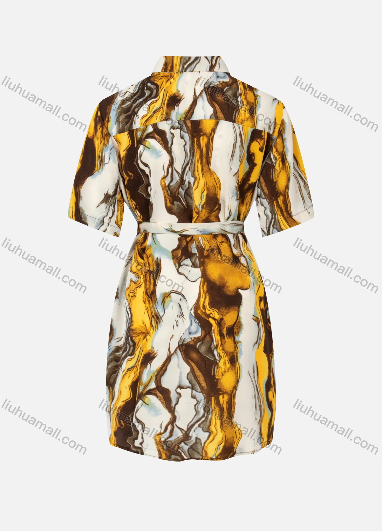 Wholesale Women's Short Sleeve Button Down Painting Print Tunic With Belt - Liuhuamall