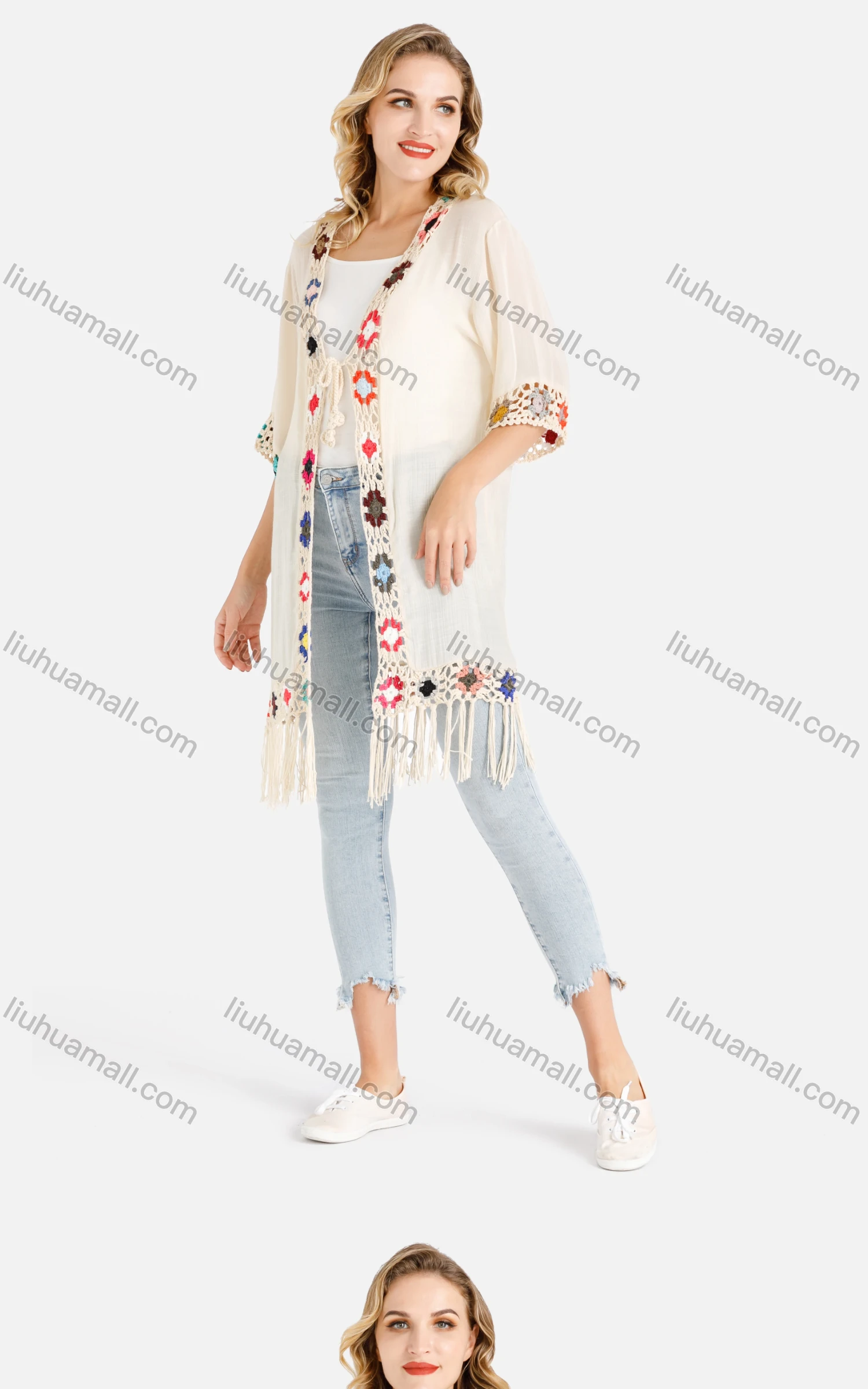 Wholesale Women's Open Front Colorful Crochet Floral Trim Fringe Hem Beige Cardigan - Liuhuamall