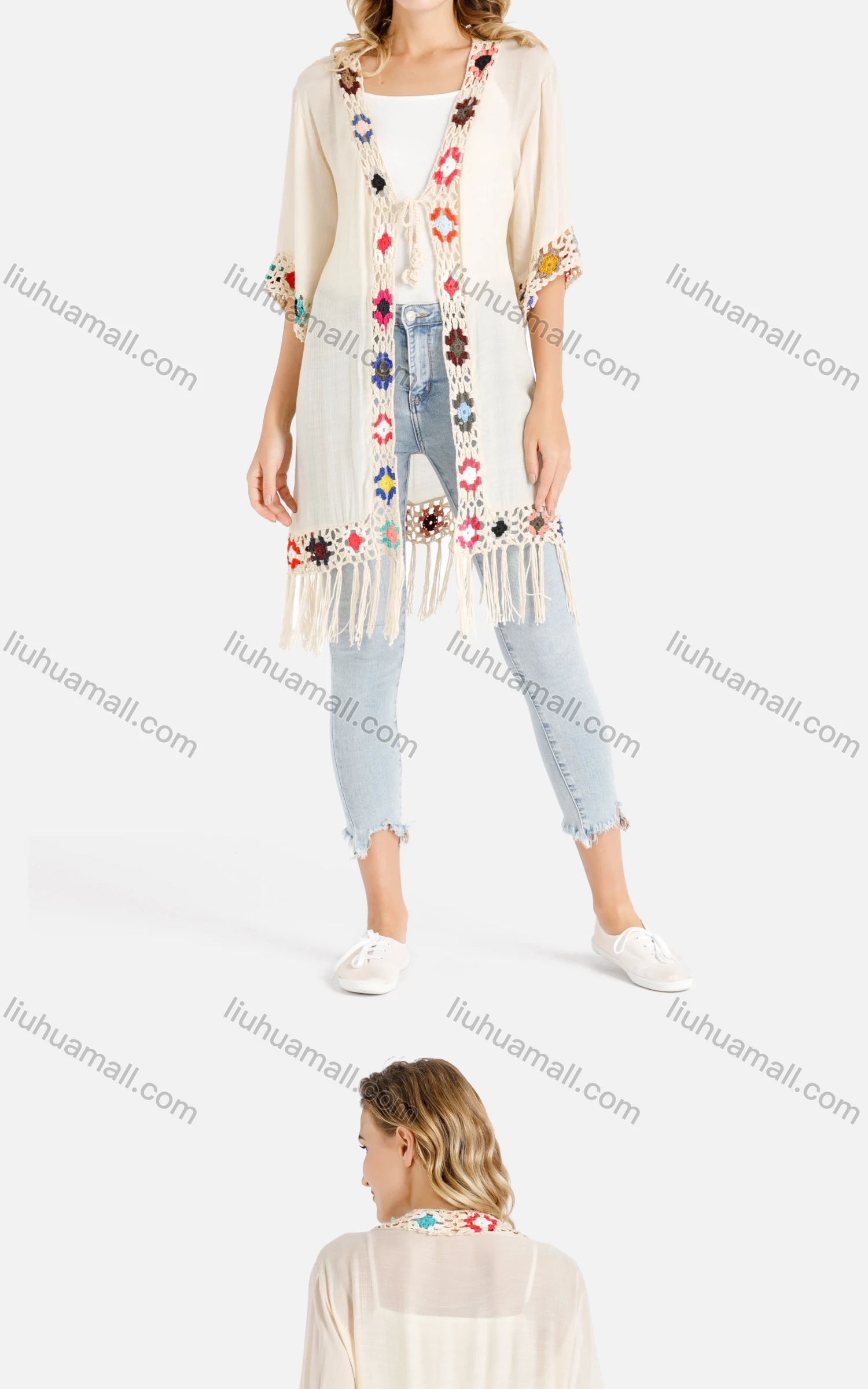 Wholesale Women's Open Front Colorful Crochet Floral Trim Fringe Hem Beige Cardigan - Liuhuamall