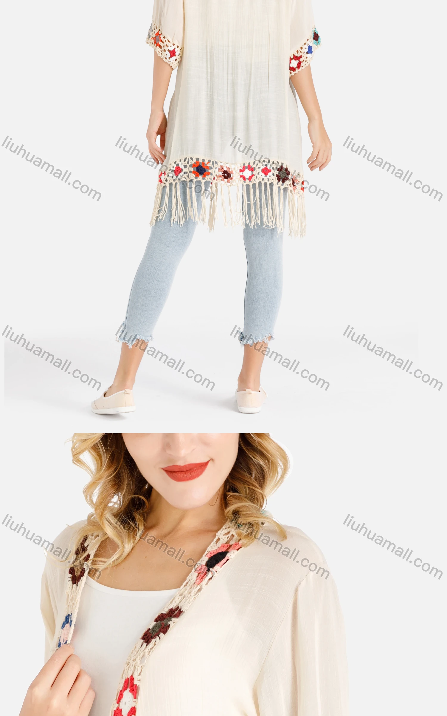 Wholesale Women's Open Front Colorful Crochet Floral Trim Fringe Hem Beige Cardigan - Liuhuamall