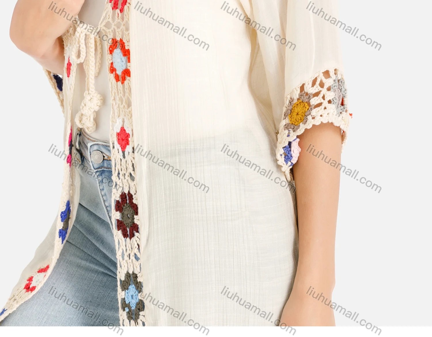 Wholesale Women's Open Front Colorful Crochet Floral Trim Fringe Hem Beige Cardigan - Liuhuamall