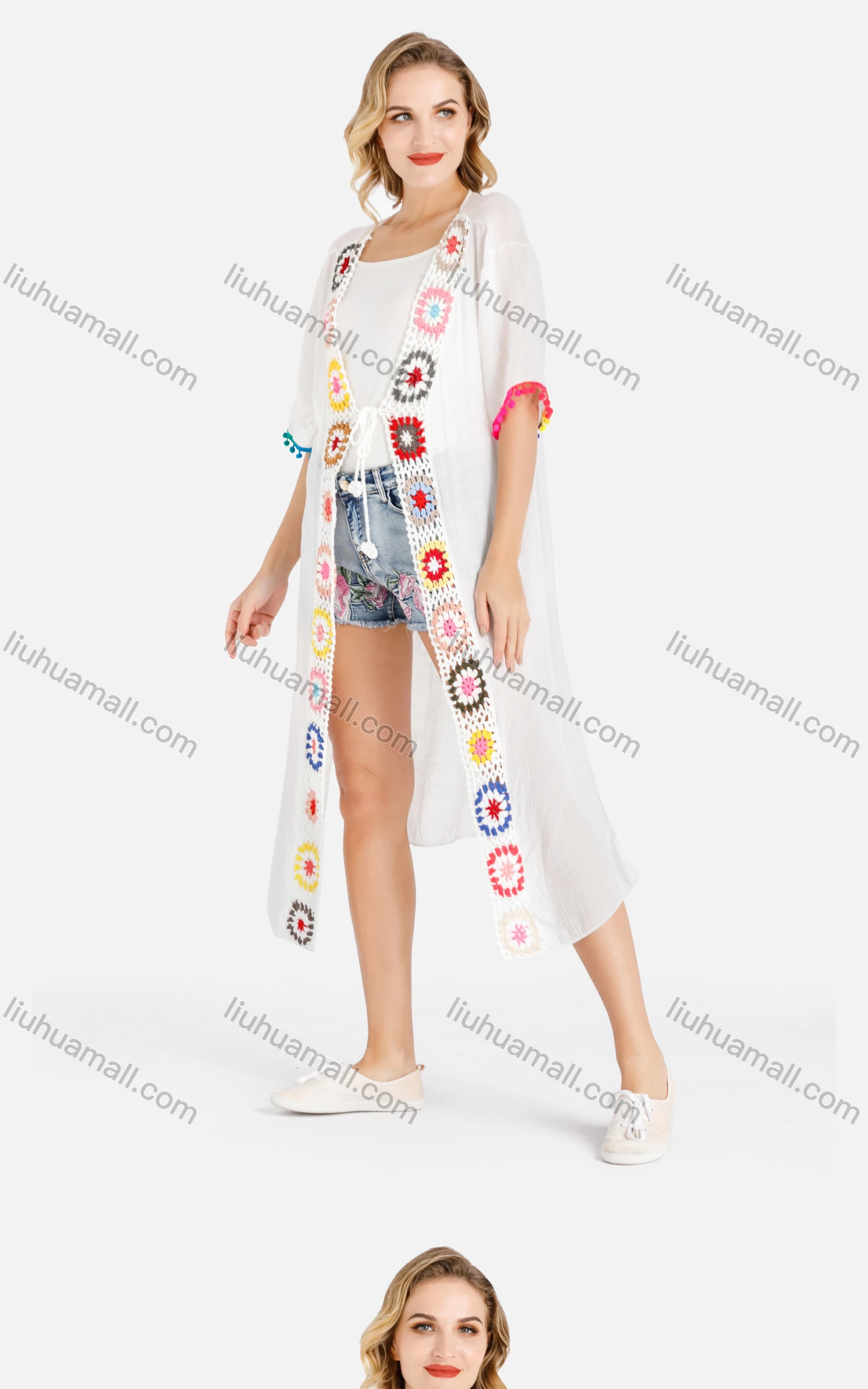 Wholesale Women's Open Front Colorful Crochet Floral Trim Pompom Trim White Cardigan - Liuhuamall