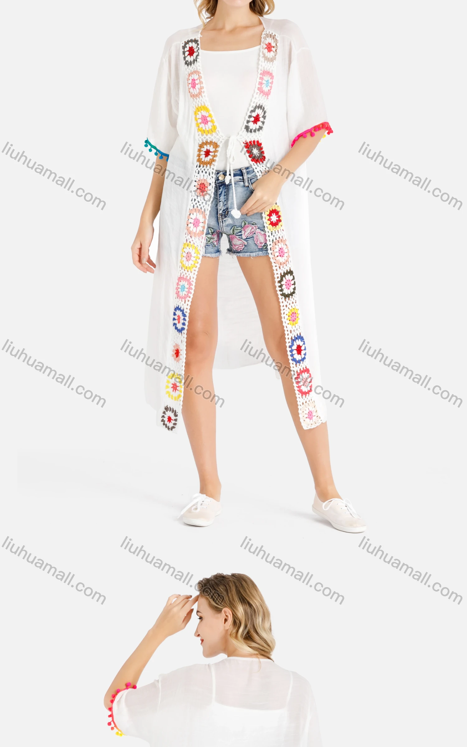 Wholesale Women's Open Front Colorful Crochet Floral Trim Pompom Trim White Cardigan - Liuhuamall