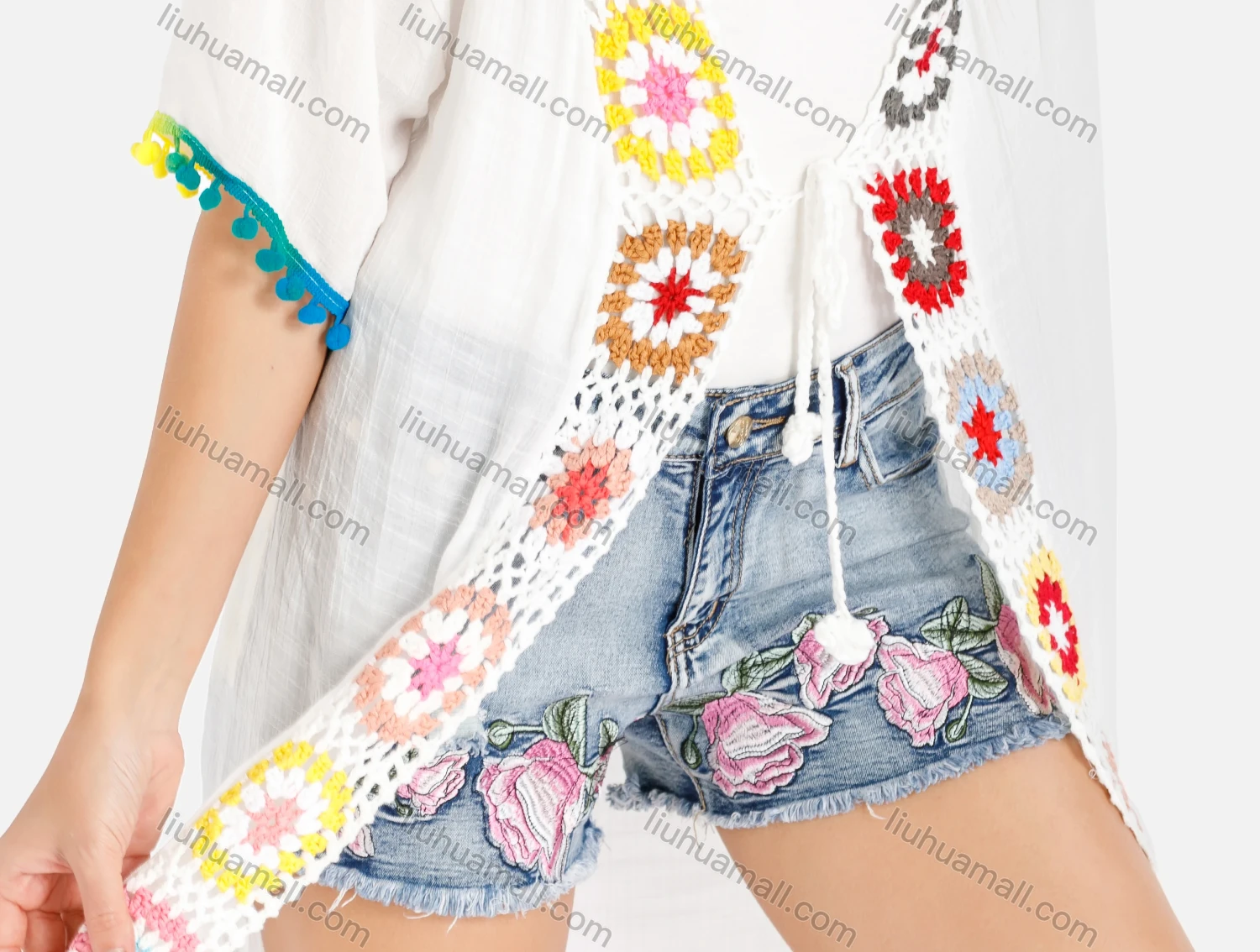 Wholesale Women's Open Front Colorful Crochet Floral Trim Pompom Trim White Cardigan - Liuhuamall