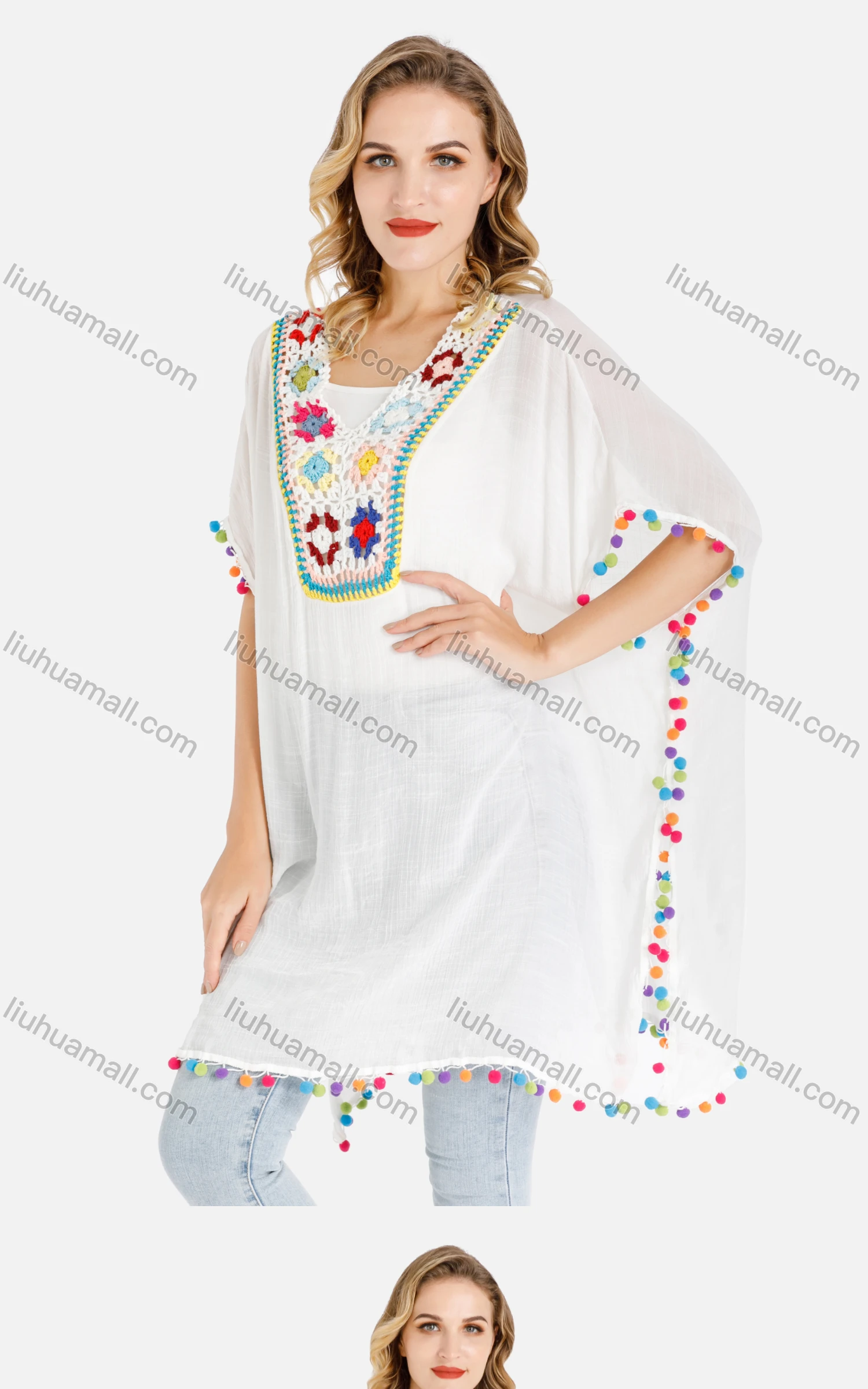Wholesale Women's Batwing Sleeve Colorful Crochet Floral Pompom Trim V-Neck Cover Up - Liuhuamall