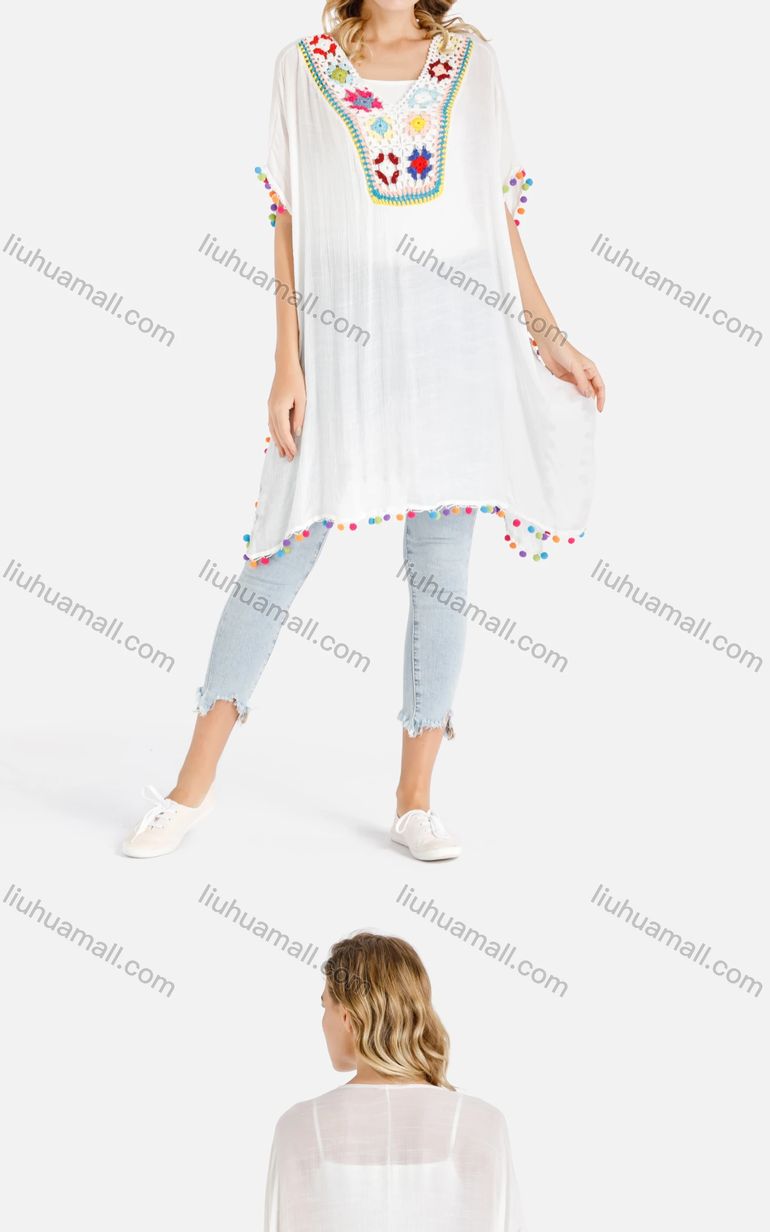Wholesale Women's Batwing Sleeve Colorful Crochet Floral Pompom Trim V-Neck Cover Up - Liuhuamall