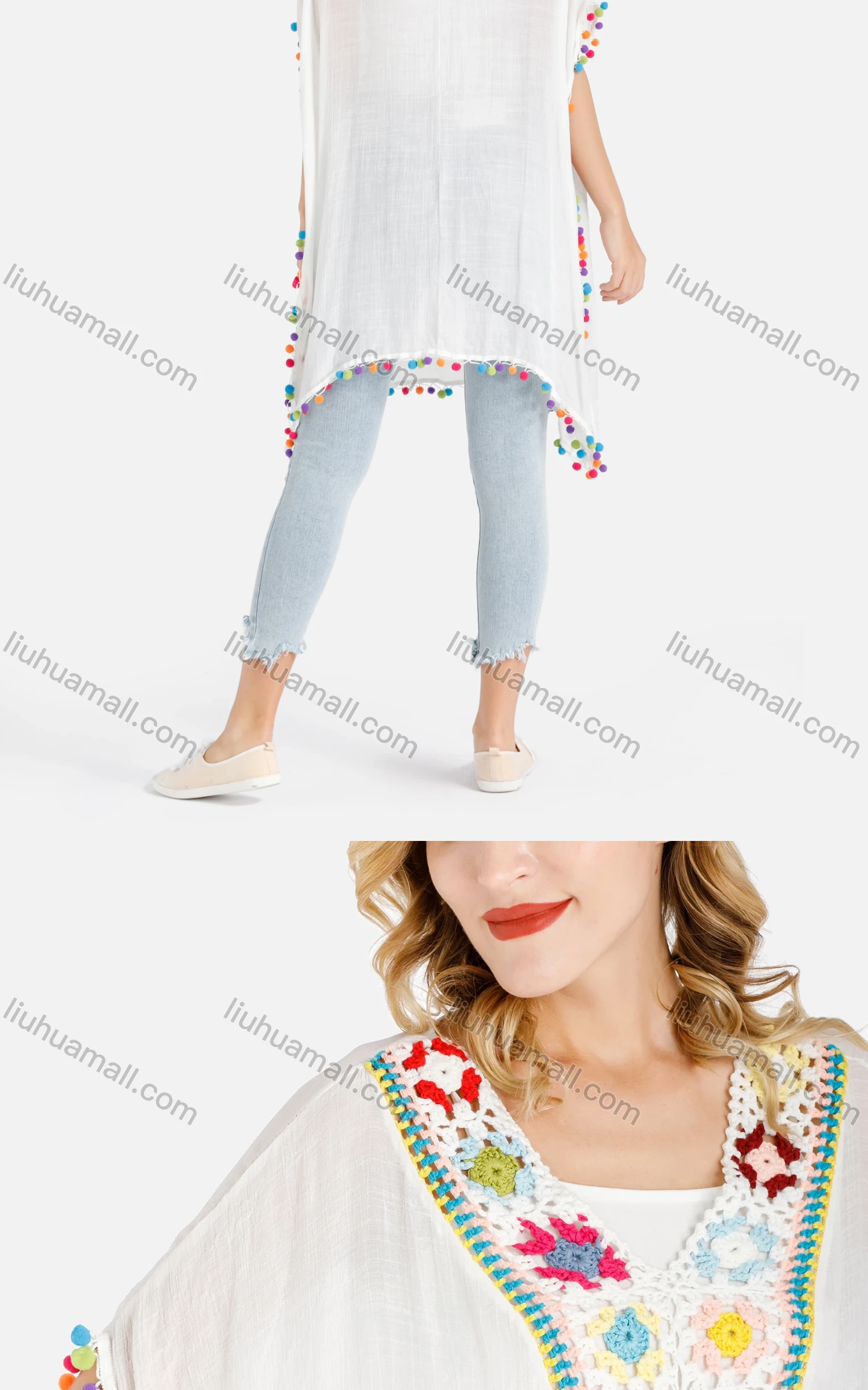 Wholesale Women's Batwing Sleeve Colorful Crochet Floral Pompom Trim V-Neck Cover Up - Liuhuamall