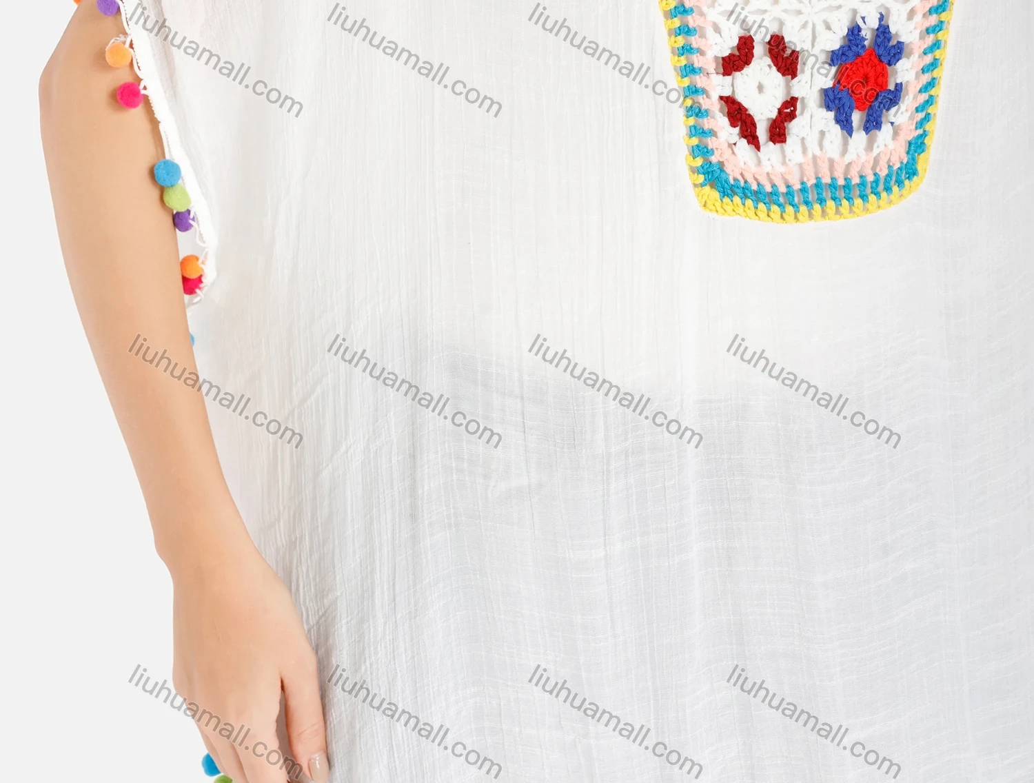 Wholesale Women's Batwing Sleeve Colorful Crochet Floral Pompom Trim V-Neck Cover Up - Liuhuamall