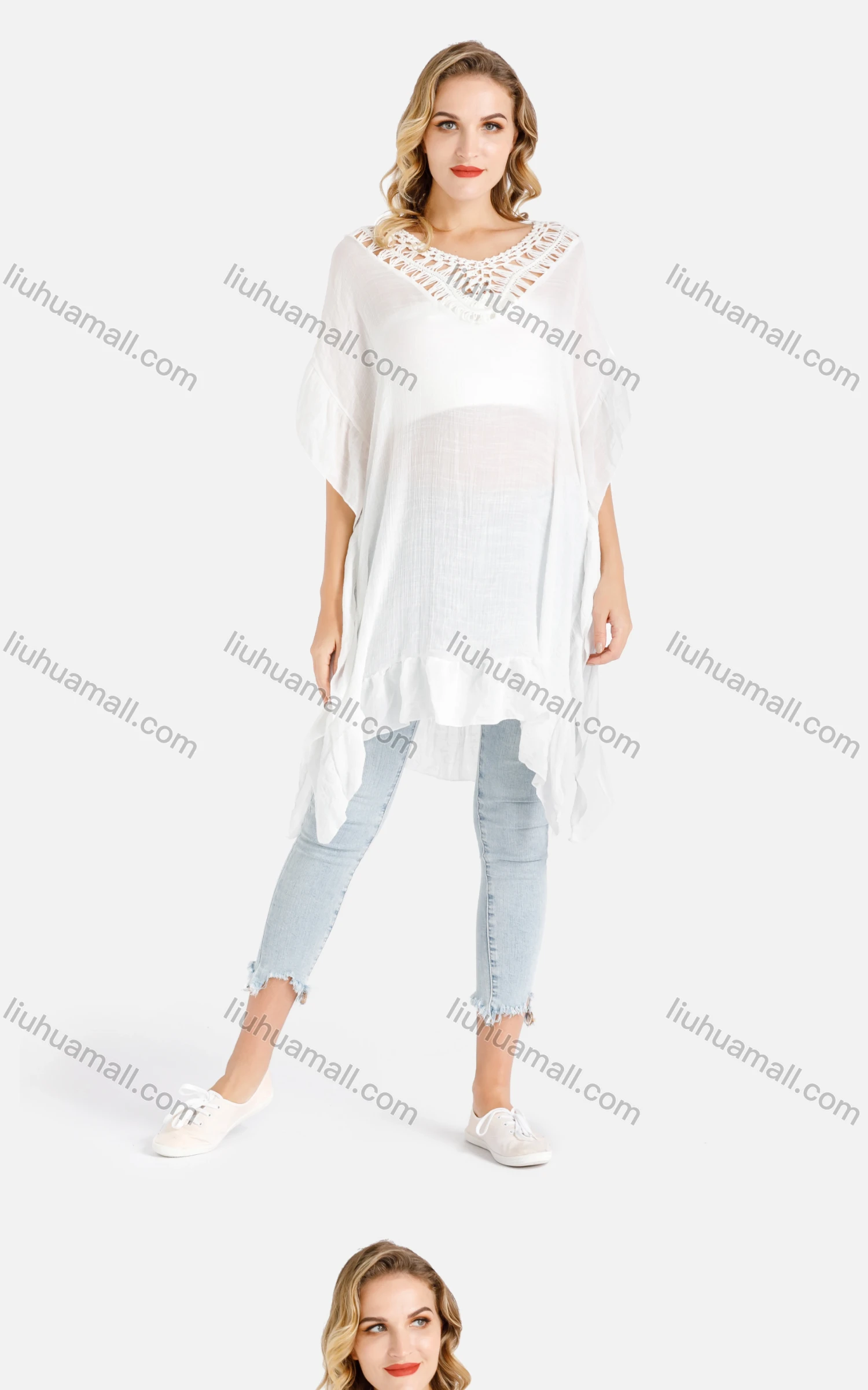 Wholesale Women's Plain Crochet Panel Tie Back V-Neck Drop Shoulder Cover Up - Liuhuamall