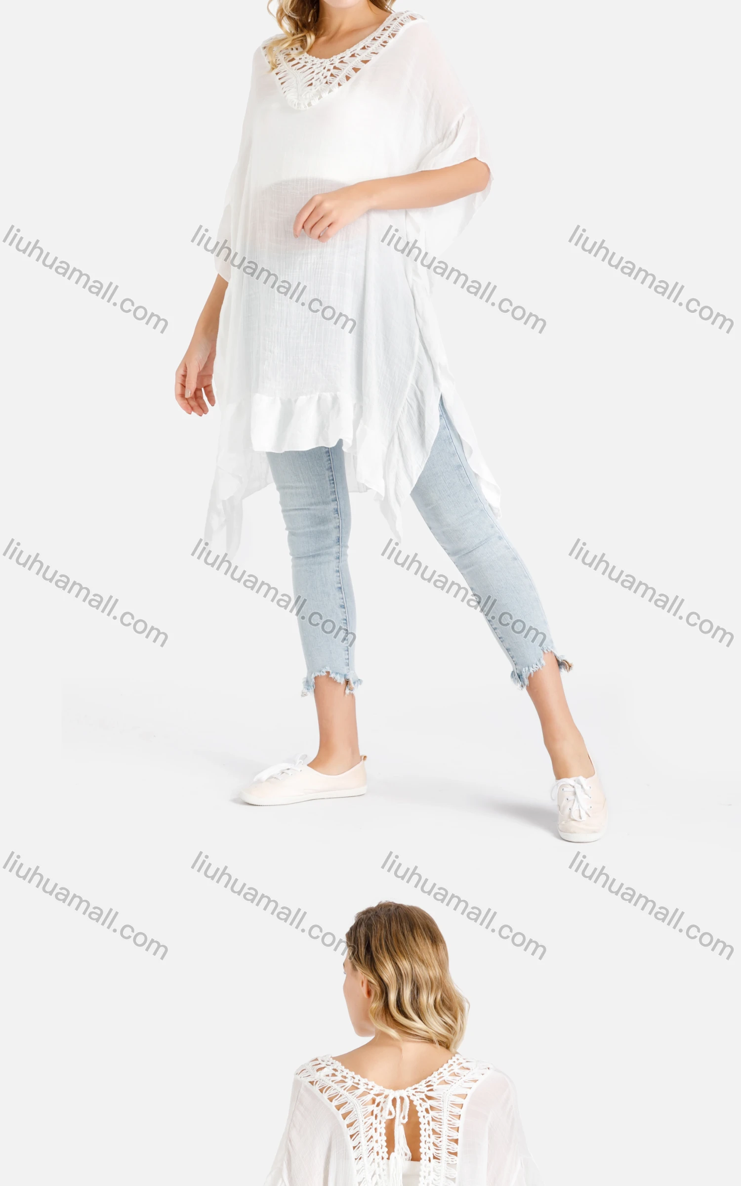 Wholesale Women's Plain Crochet Panel Tie Back V-Neck Drop Shoulder Cover Up - Liuhuamall