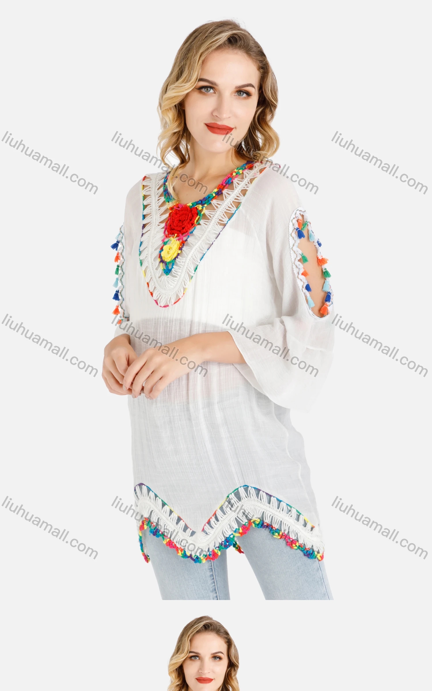 Wholesale Women's Rainbow Tassel Crochet Floral Trim Drop Shoulder Tie Back Cover Up - Liuhuamall