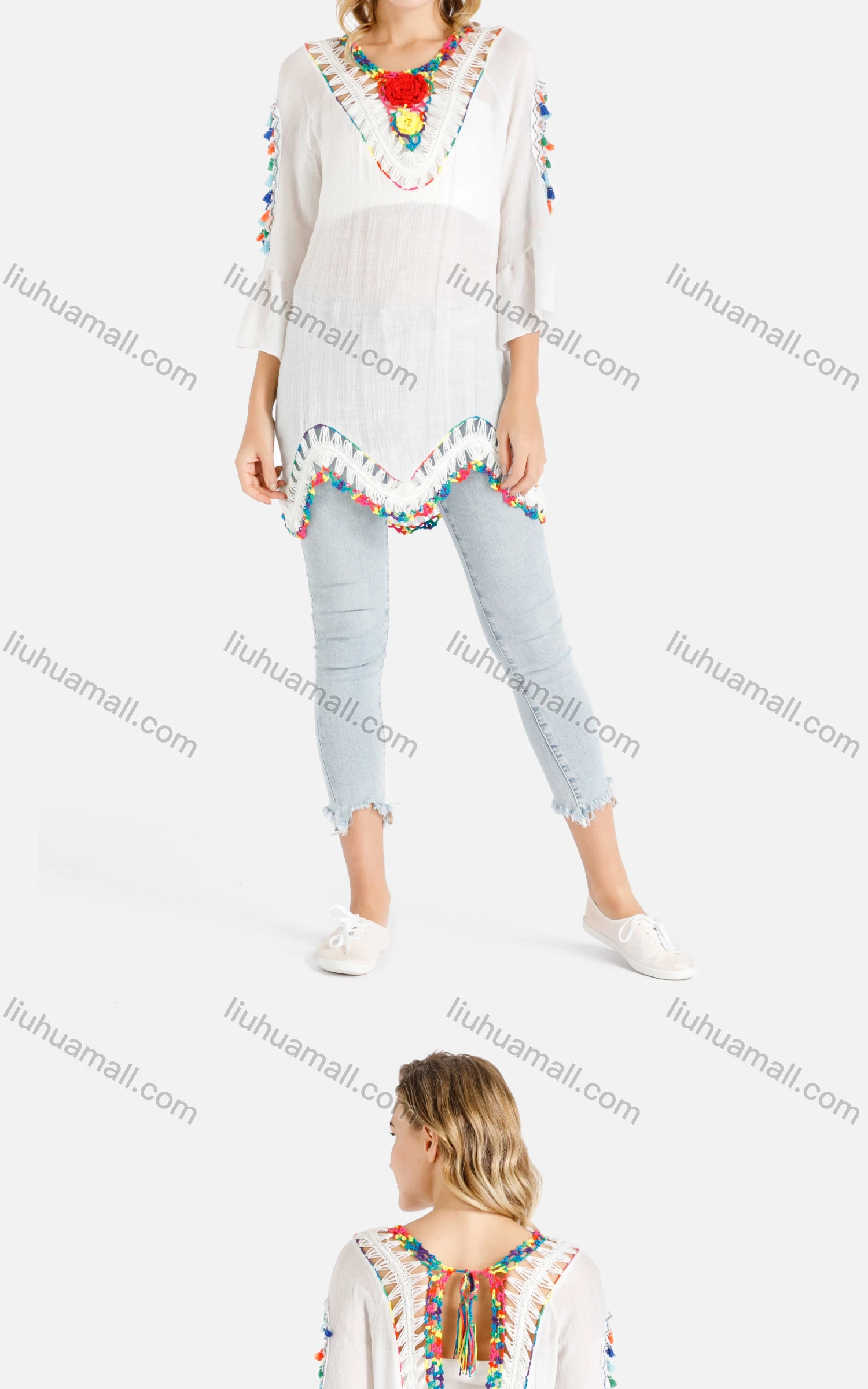 Wholesale Women's Rainbow Tassel Crochet Floral Trim Drop Shoulder Tie Back Cover Up - Liuhuamall