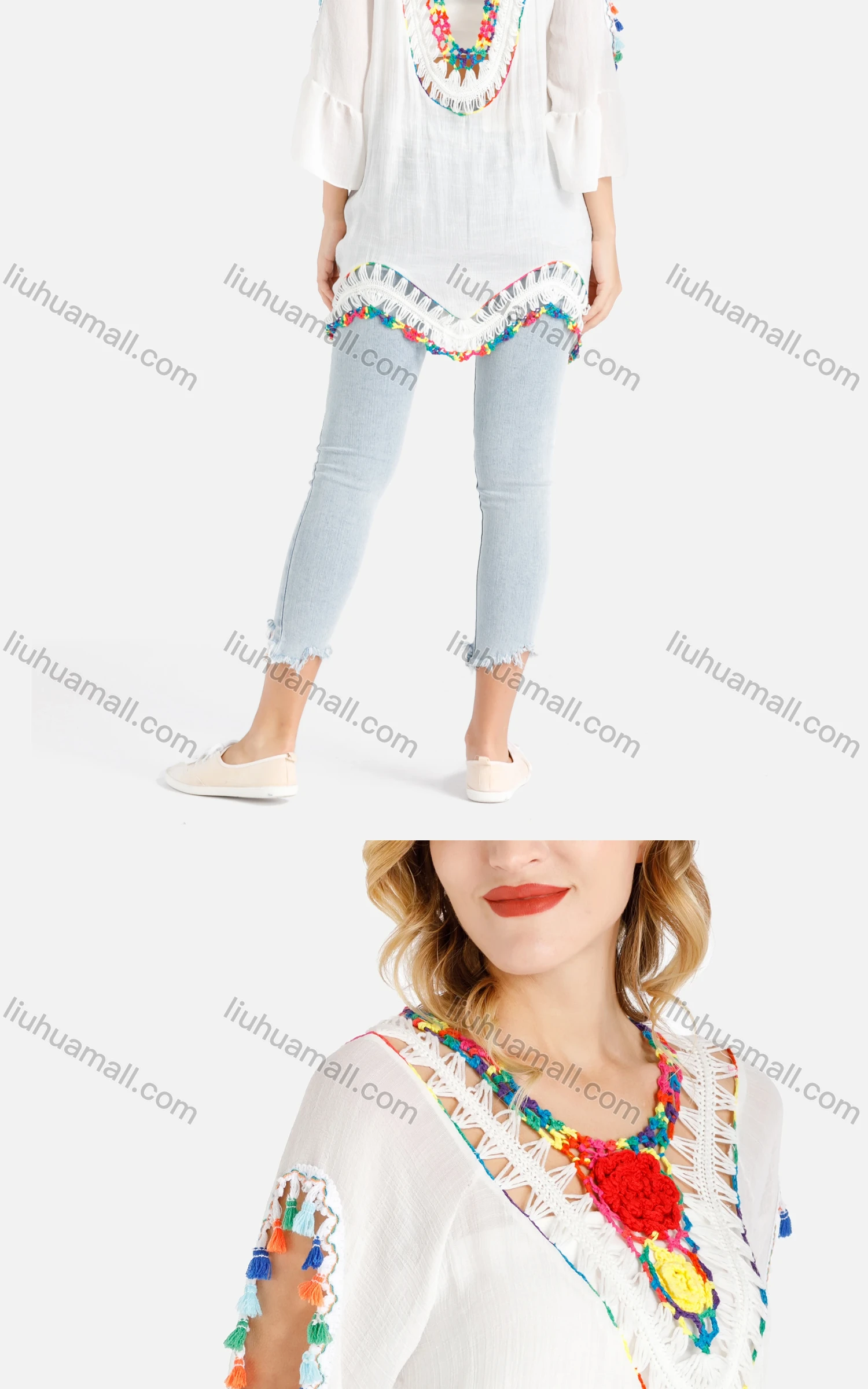 Wholesale Women's Rainbow Tassel Crochet Floral Trim Drop Shoulder Tie Back Cover Up - Liuhuamall