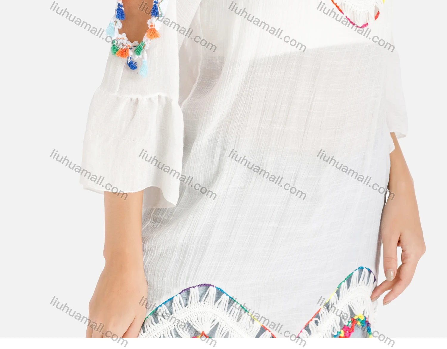 Wholesale Women's Rainbow Tassel Crochet Floral Trim Drop Shoulder Tie Back Cover Up - Liuhuamall