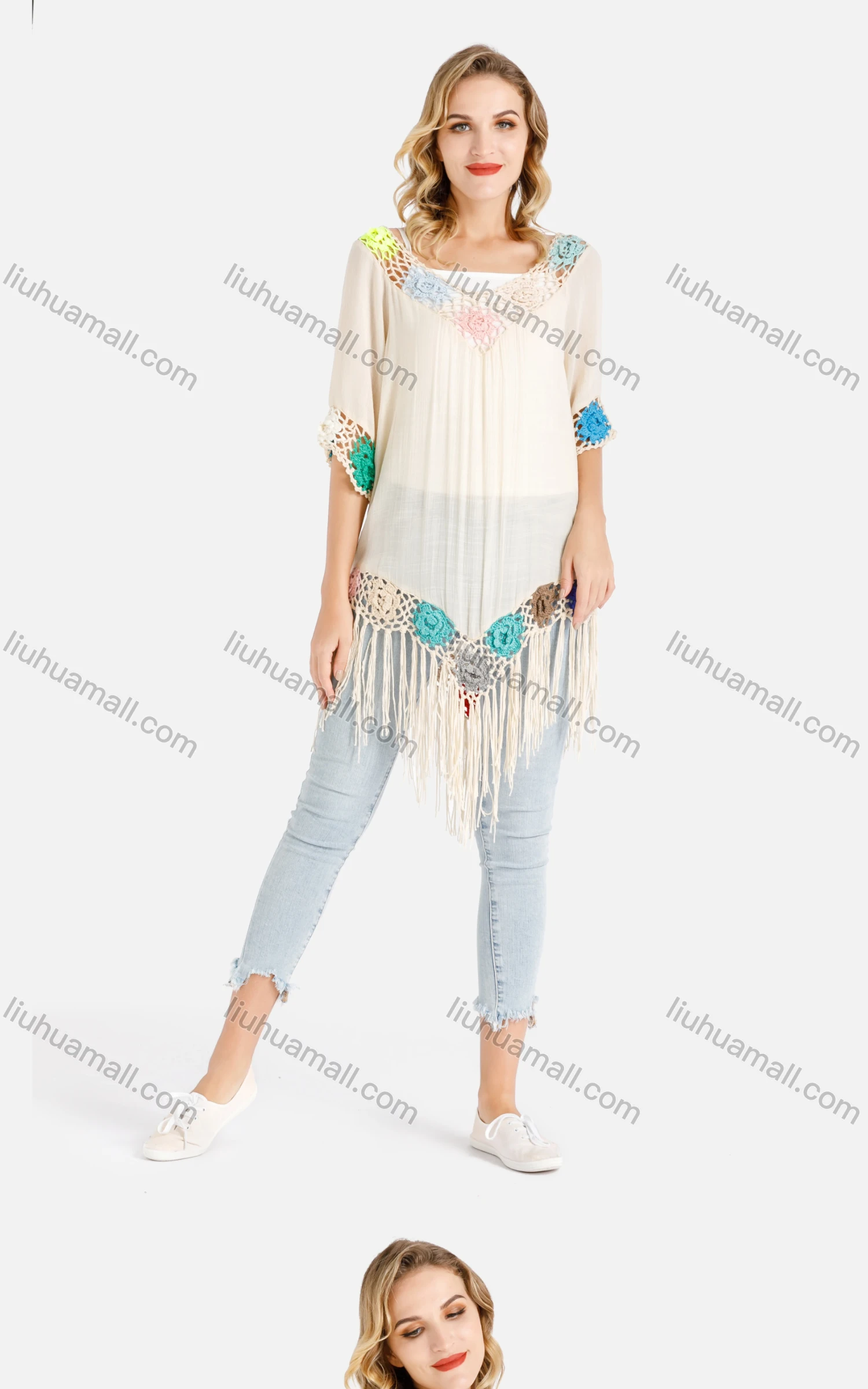 Wholesale Women's Crochet Floral Fringe Trim V-Neck Drop Shoulder Cover Up - Liuhuamall