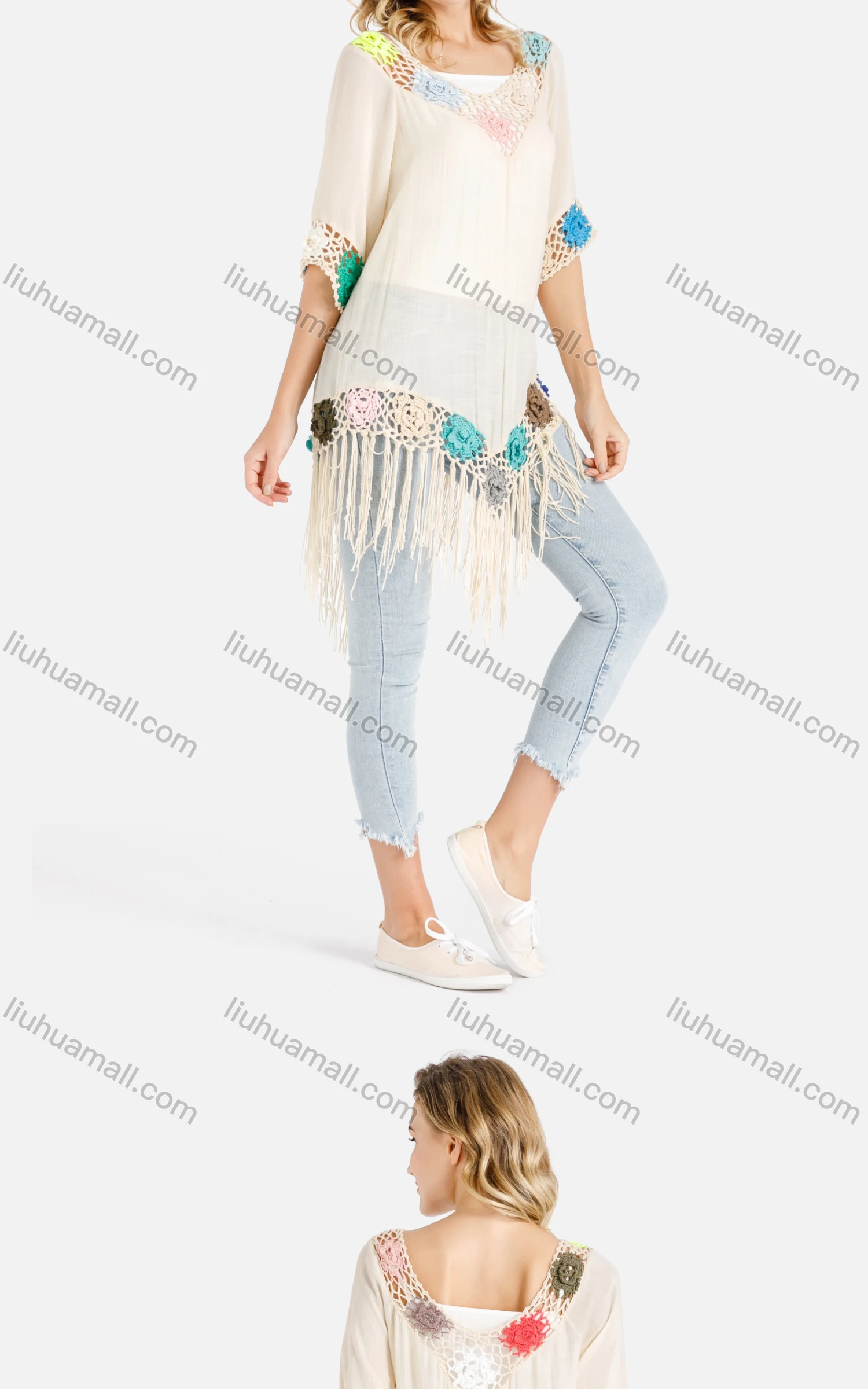 Wholesale Women's Crochet Floral Fringe Trim V-Neck Drop Shoulder Cover Up - Liuhuamall