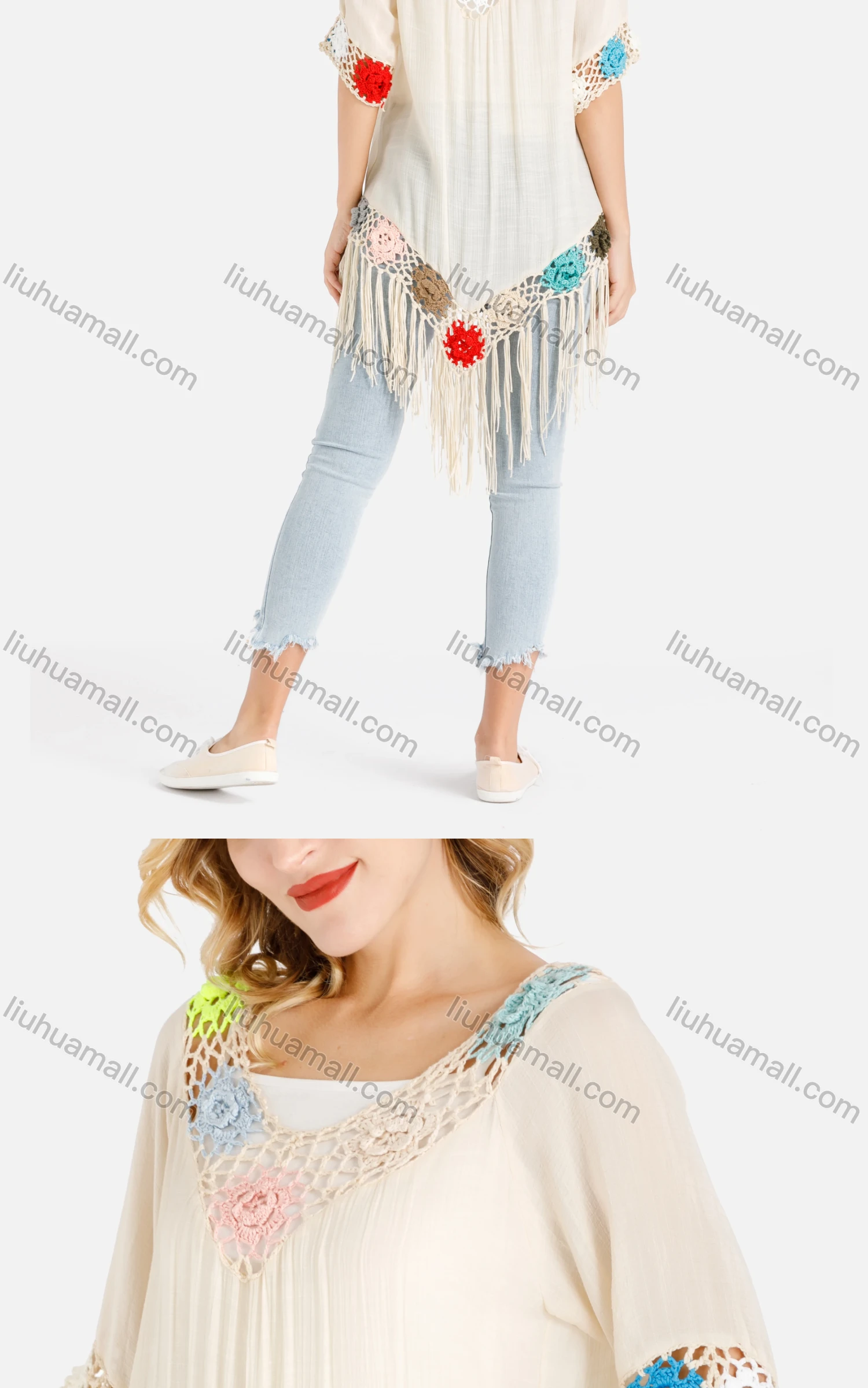 Wholesale Women's Crochet Floral Fringe Trim V-Neck Drop Shoulder Cover Up - Liuhuamall