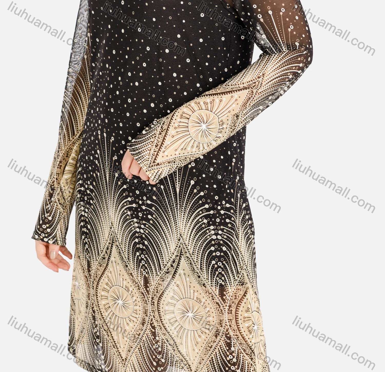 Wholesale Women's Elegant Allover Print Round Neck Sheer Mesh Long Sleeve Short Dress - Liuhuamall