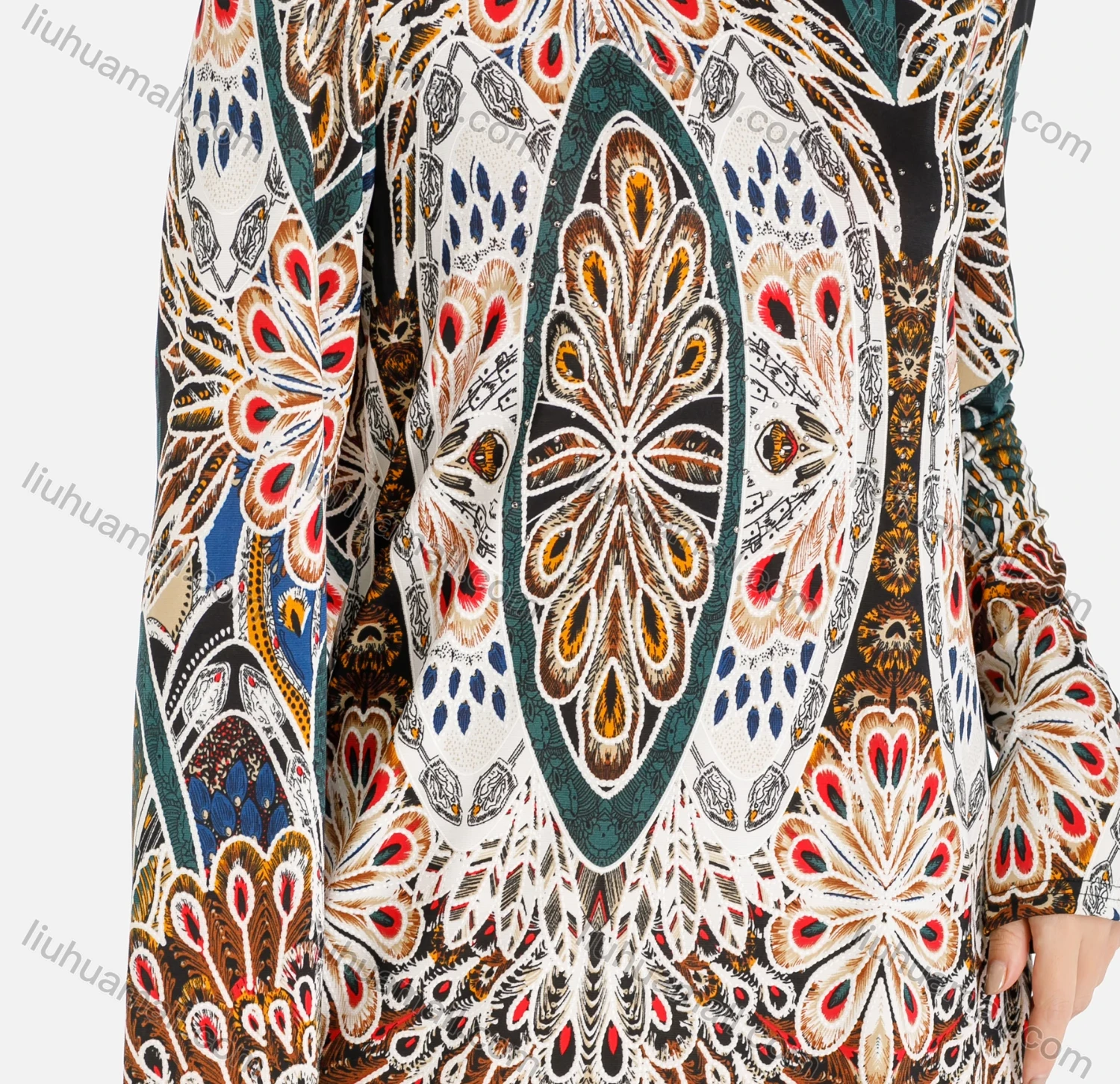 Wholesale Women's Folkloric Print Round Neck Long Sleeve Short Dress - Liuhuamall