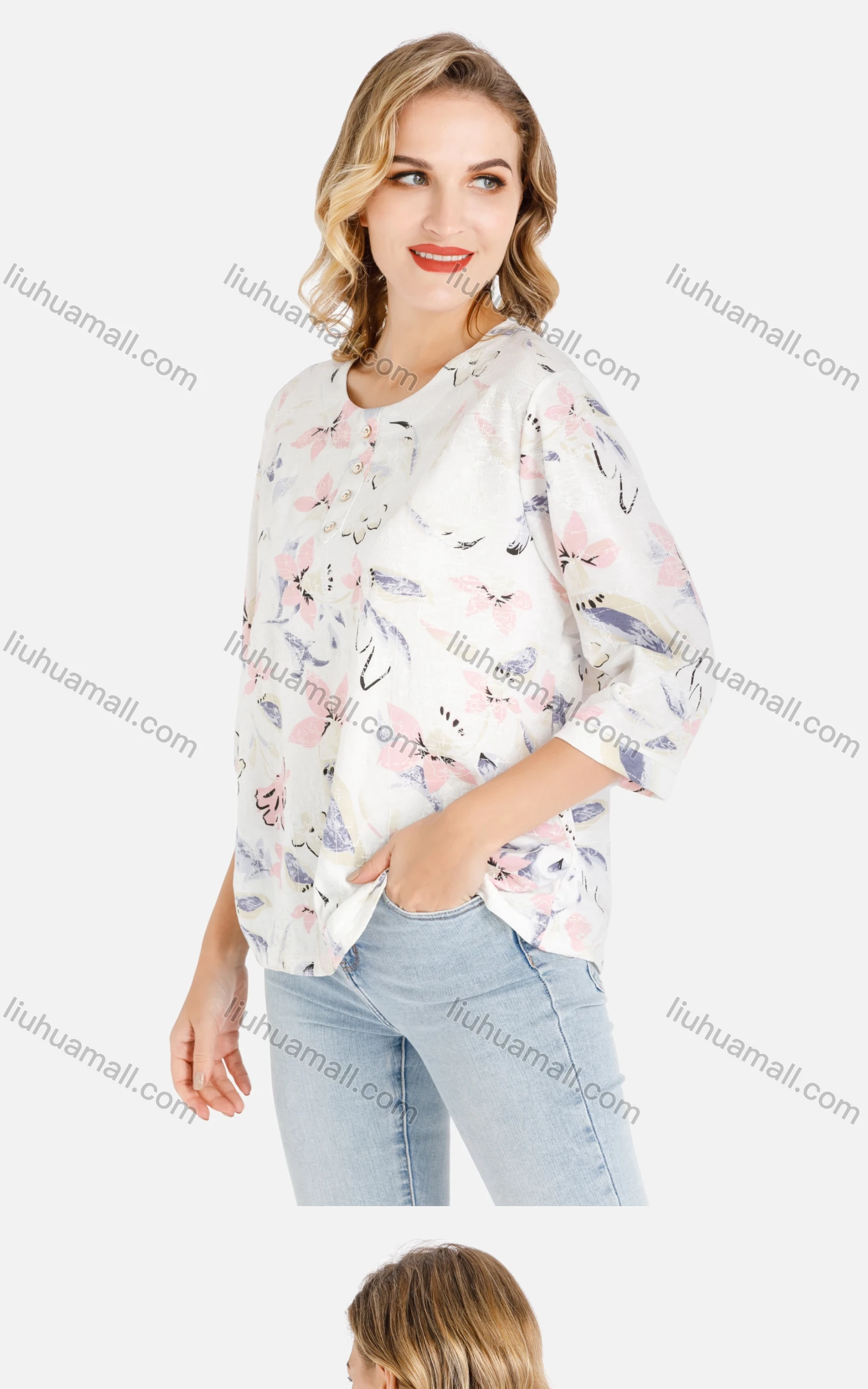 Wholesale Women's Casual Floral And Leaf Print Round Neck Blouse - Liuhuamall