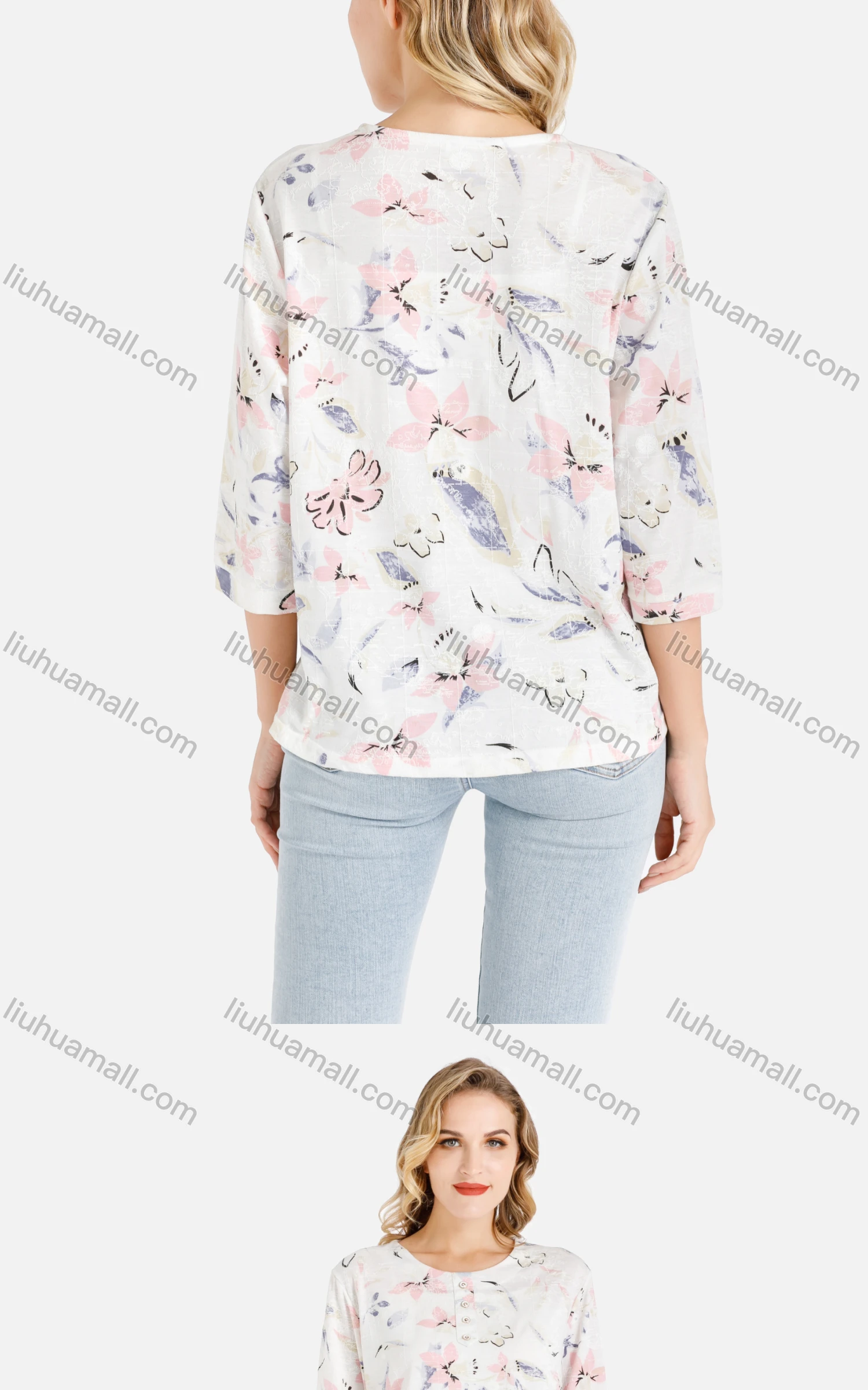 Wholesale Women's Casual Floral And Leaf Print Round Neck Blouse - Liuhuamall