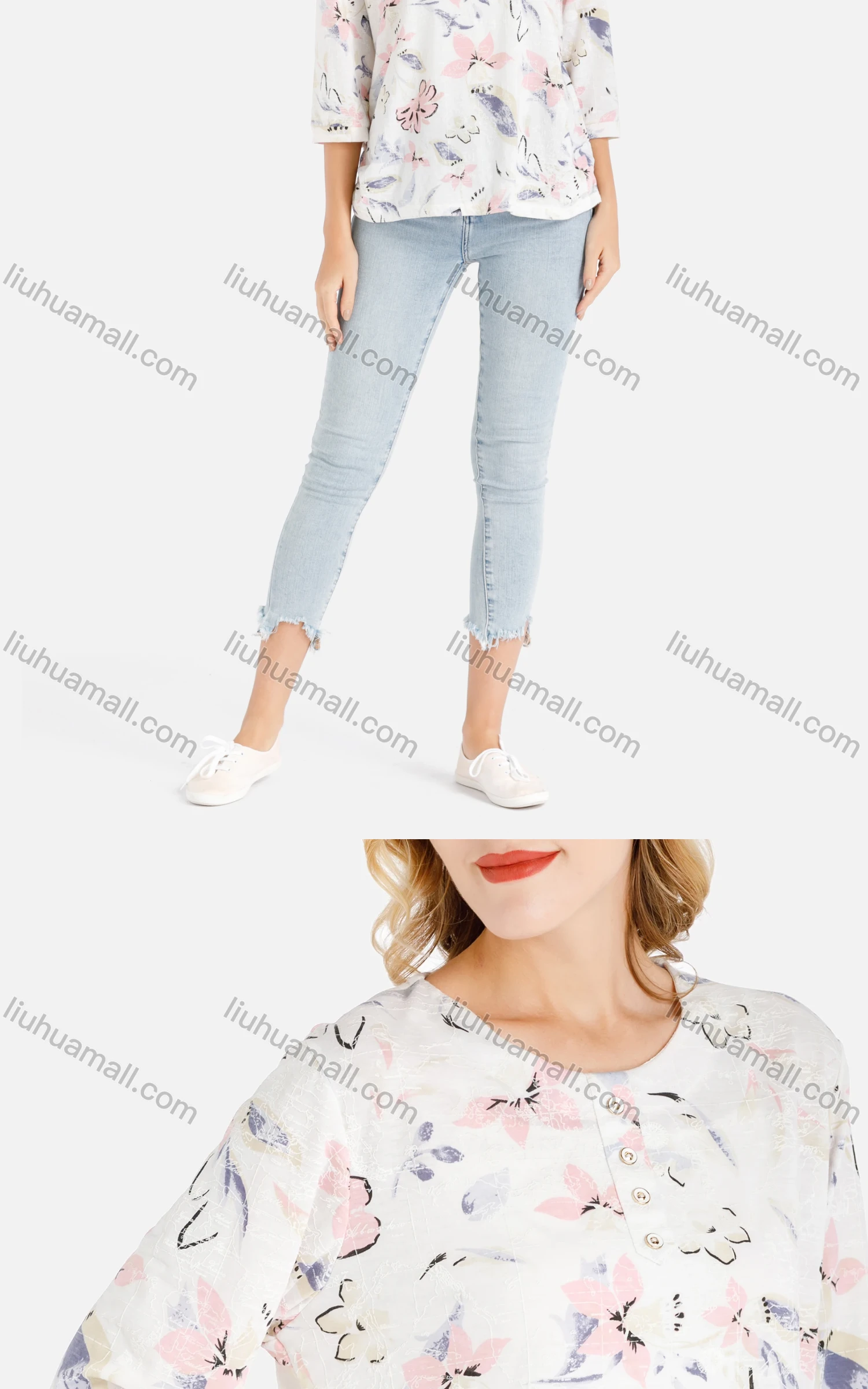 Wholesale Women's Casual Floral And Leaf Print Round Neck Blouse - Liuhuamall